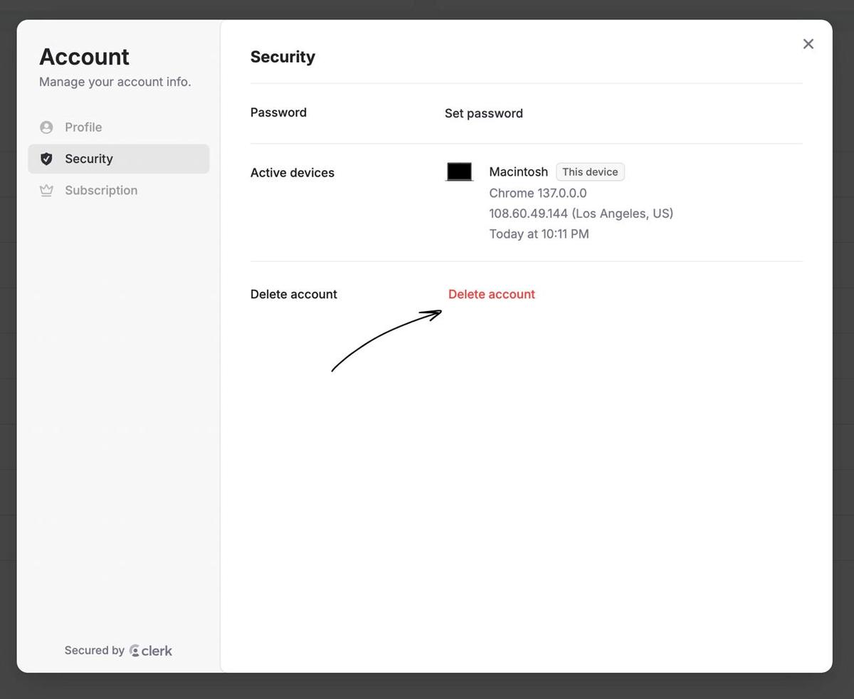 Security tab showing 'Delete account' button