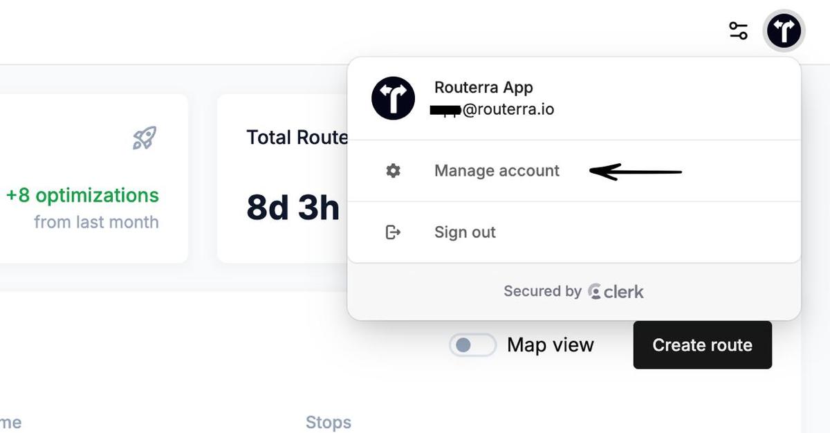 User menu dropdown with 'Manage account' highlighted