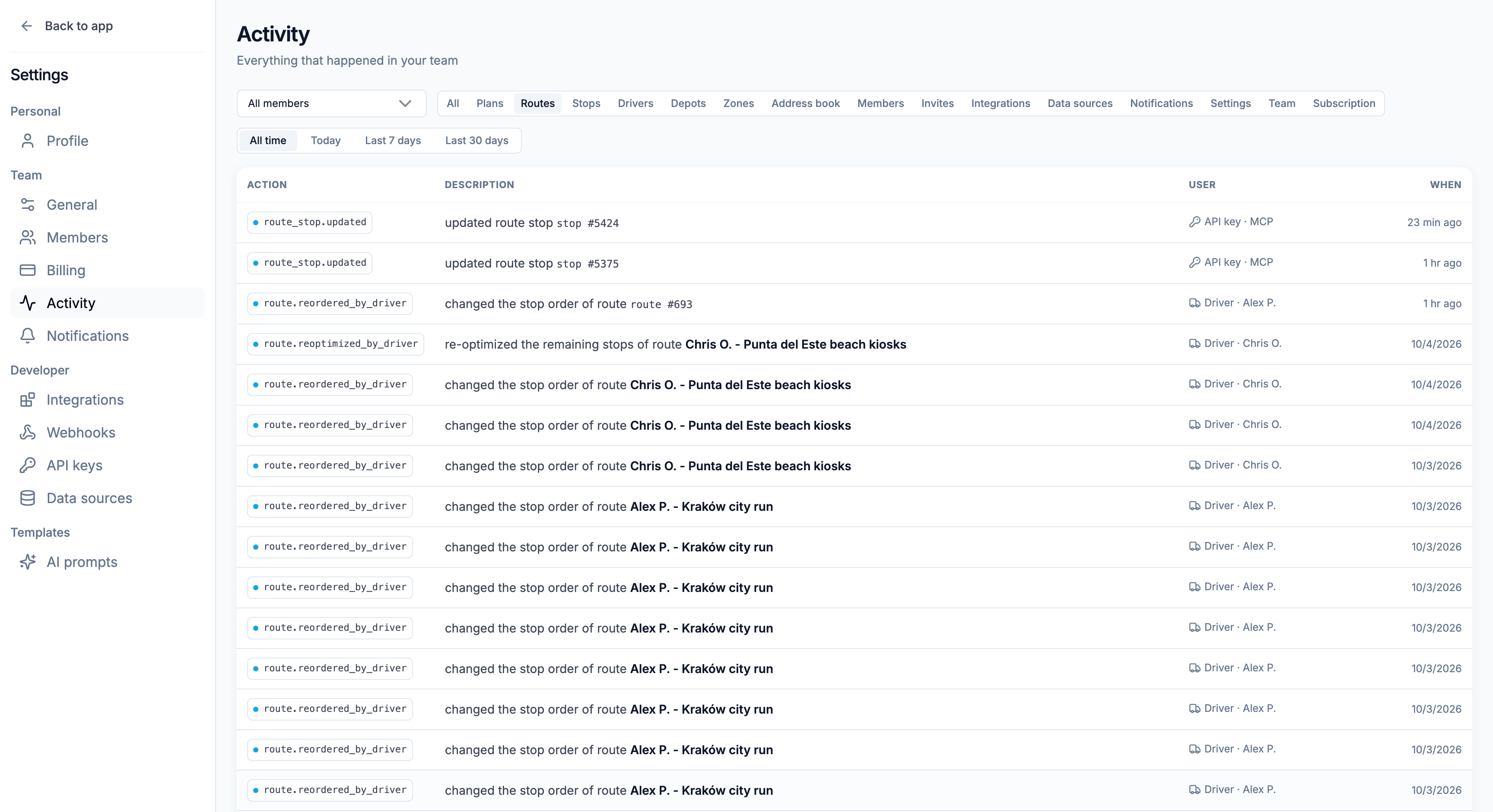 Settings → Activity with the person, category and date filters, Routes picked, and rows by an API key and by drivers
