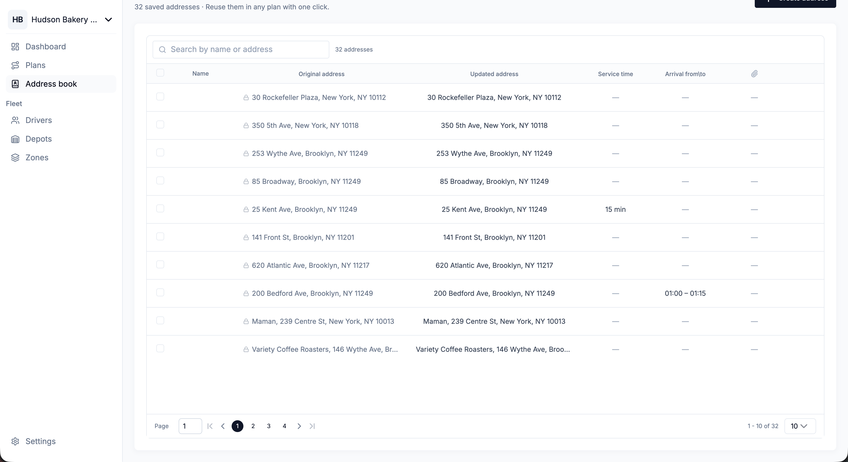 Address book list with saved entries, service times, and arrival windows