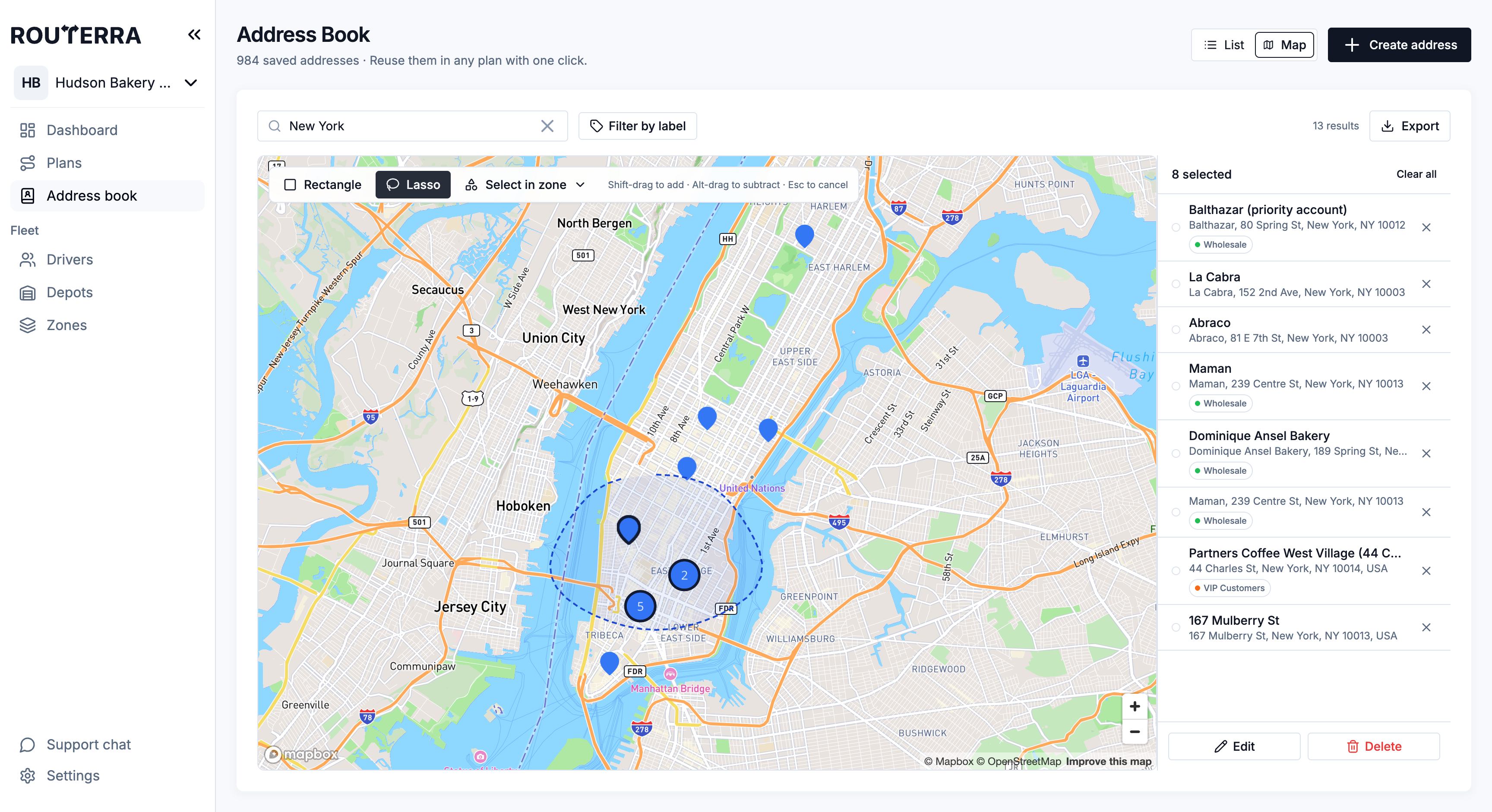 The address book map with a lasso selection and the selected addresses panel