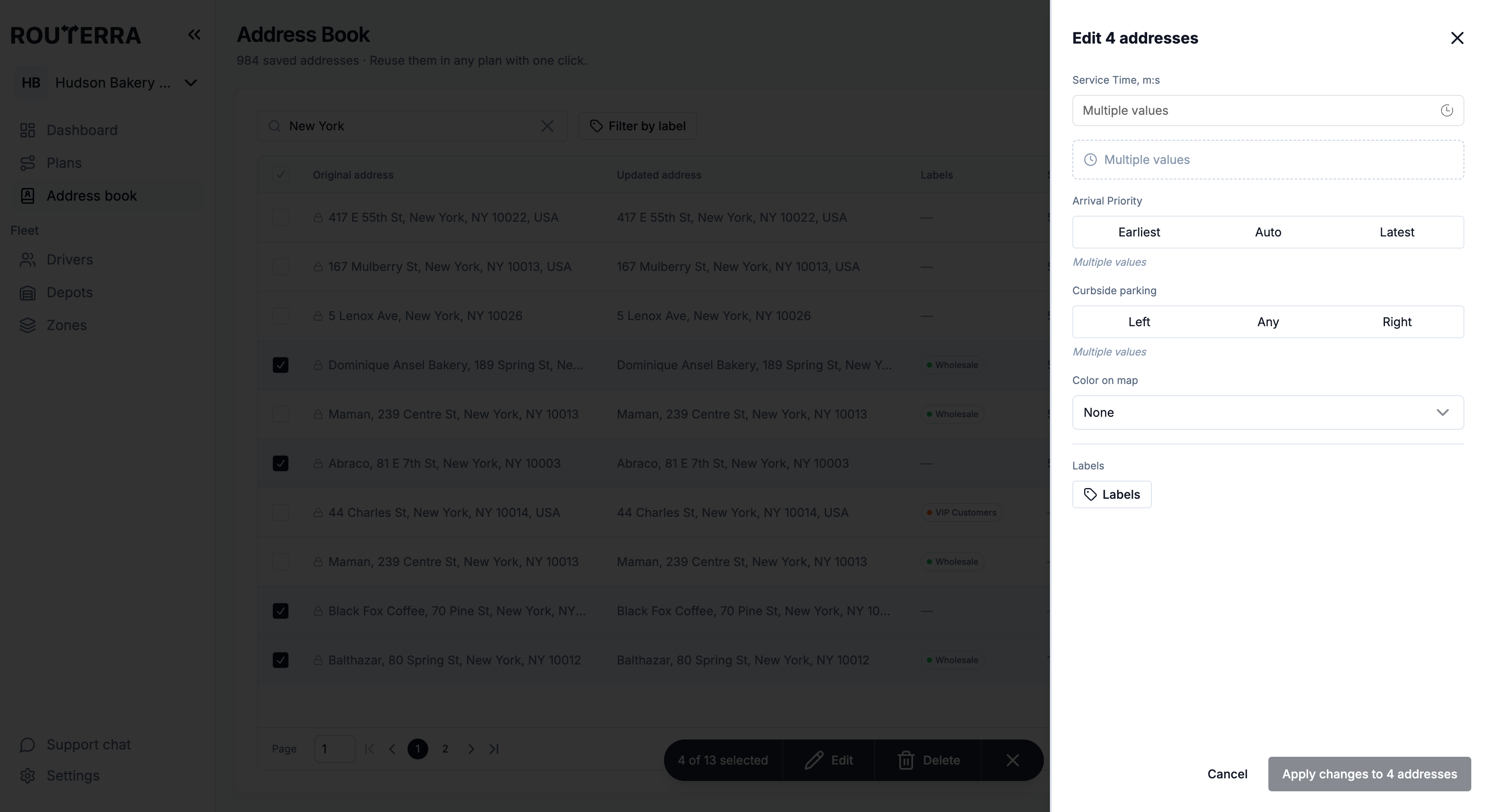 The Edit addresses sheet for several selected addresses
