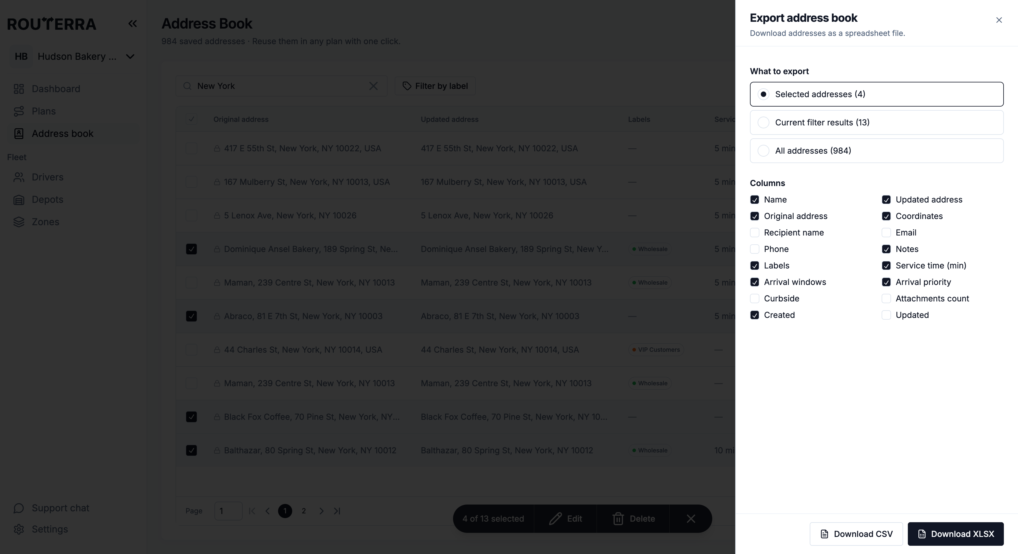 The Export address book sheet with scope, columns, and download buttons