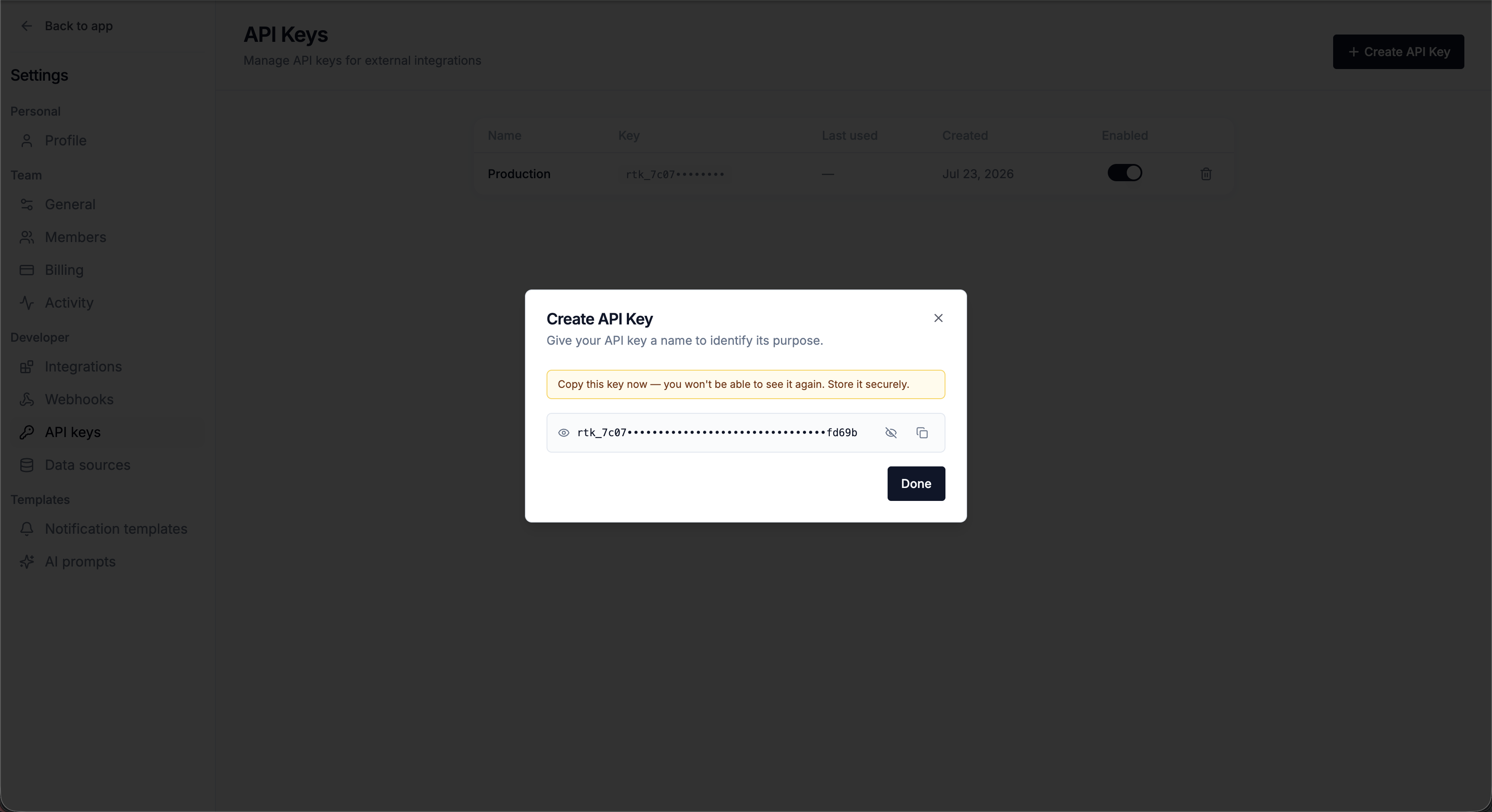 API keys settings with the create dialog and one-time key reveal