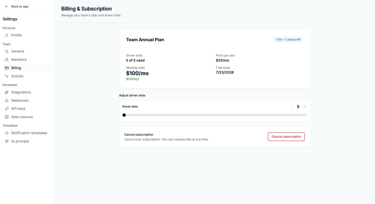 Billing settings with seat adjustment