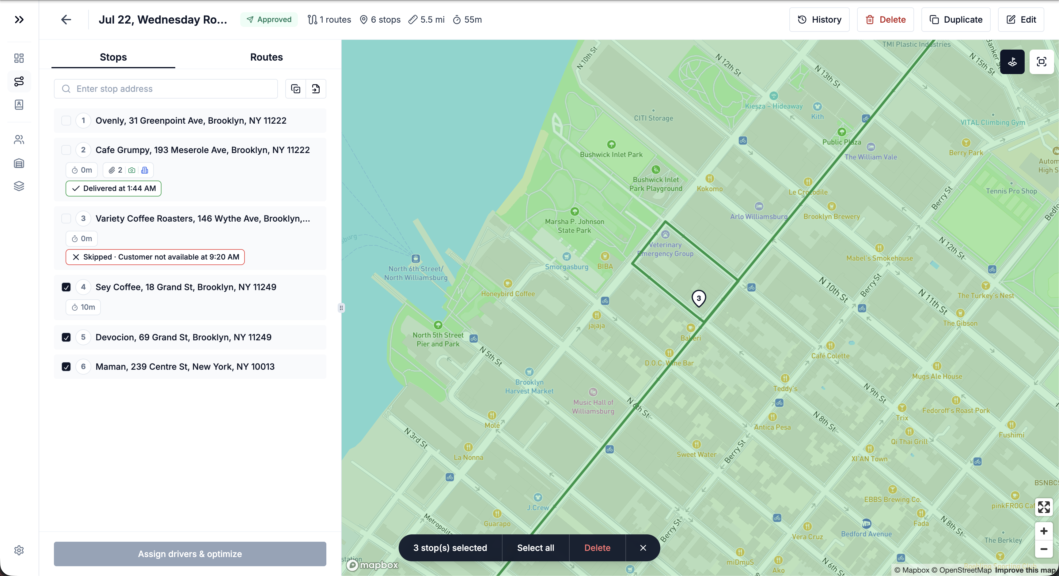 A plan's stop list in multiselect mode with three stops ticked and the bulk action bar