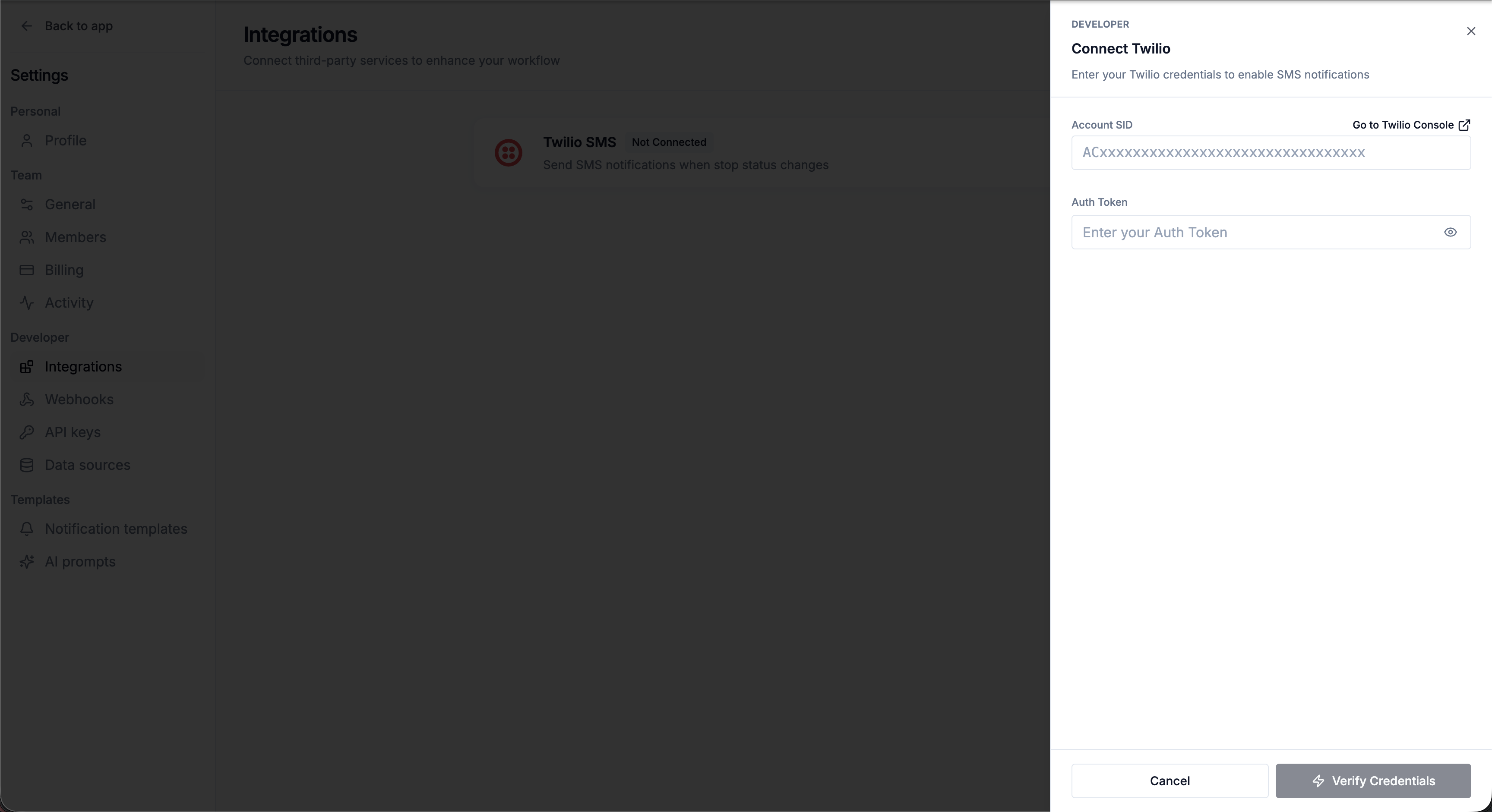 Connect Twilio dialog on the credentials step