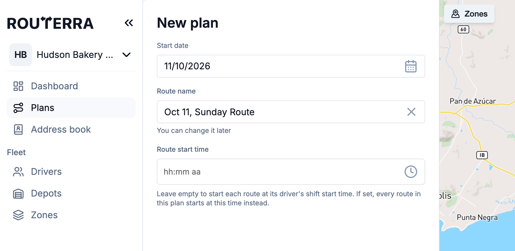 The New plan form with the start date, route name, and route start time fields