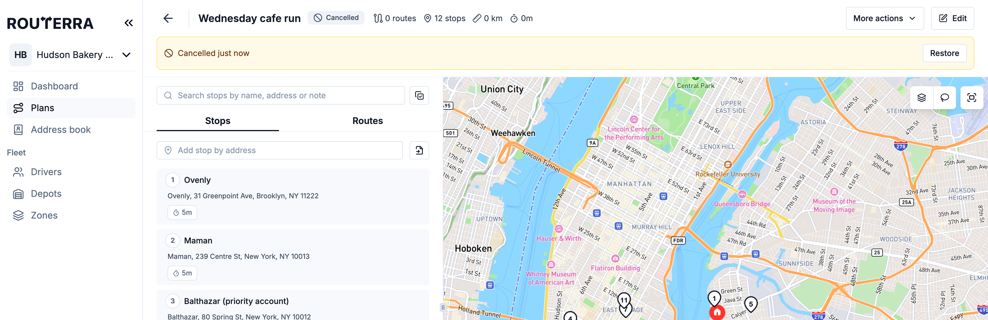 A cancelled plan with the Cancelled banner and the Restore button