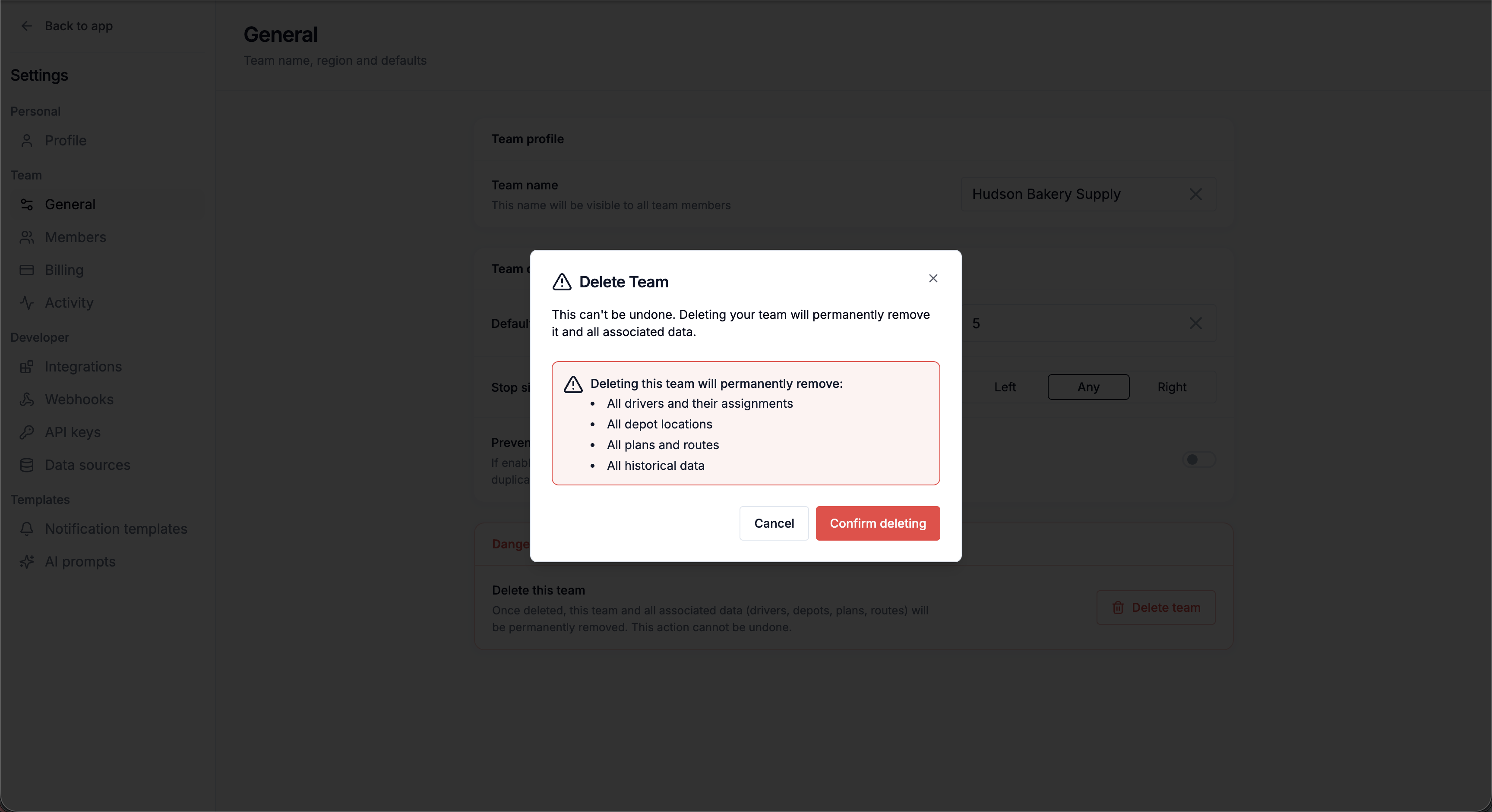 Delete Team confirmation dialog listing what will be permanently removed