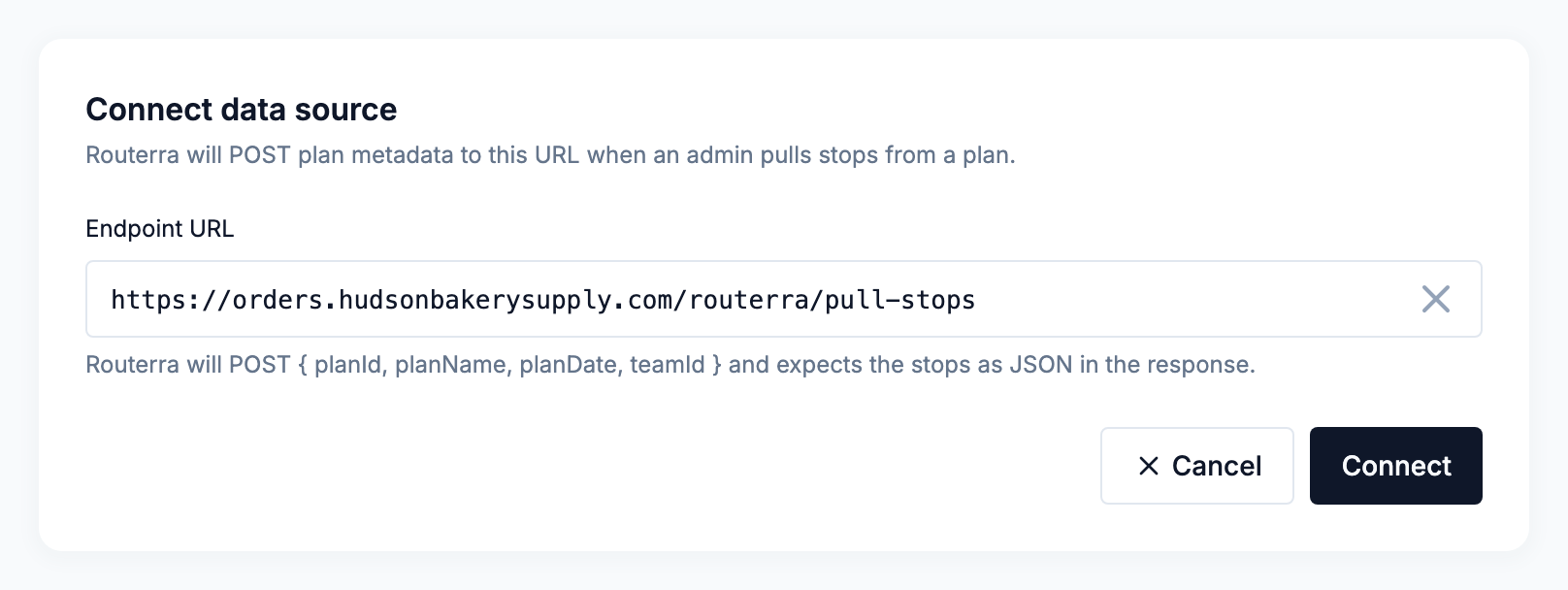 The Connect data source form with the Endpoint URL field