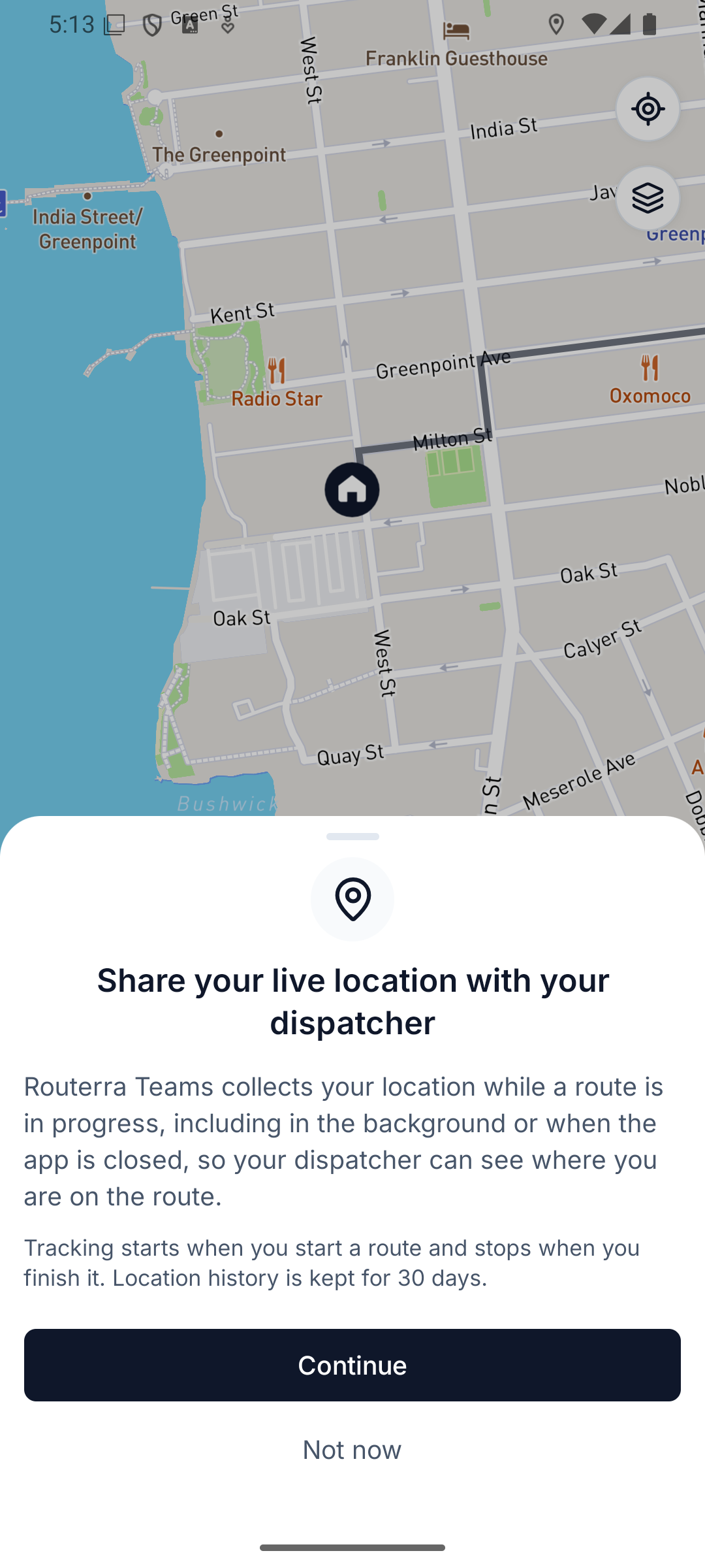 The driver app asking to share live location on the first Start Route