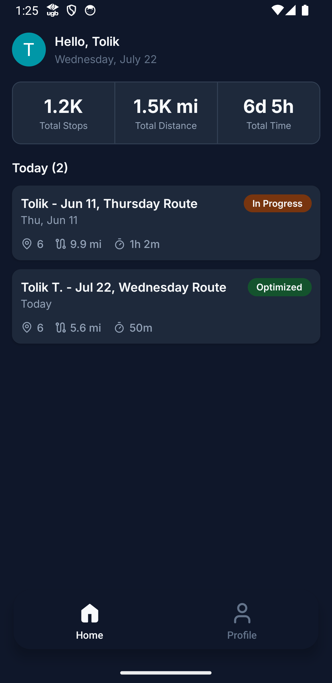 Home tab with today's route and its status badge