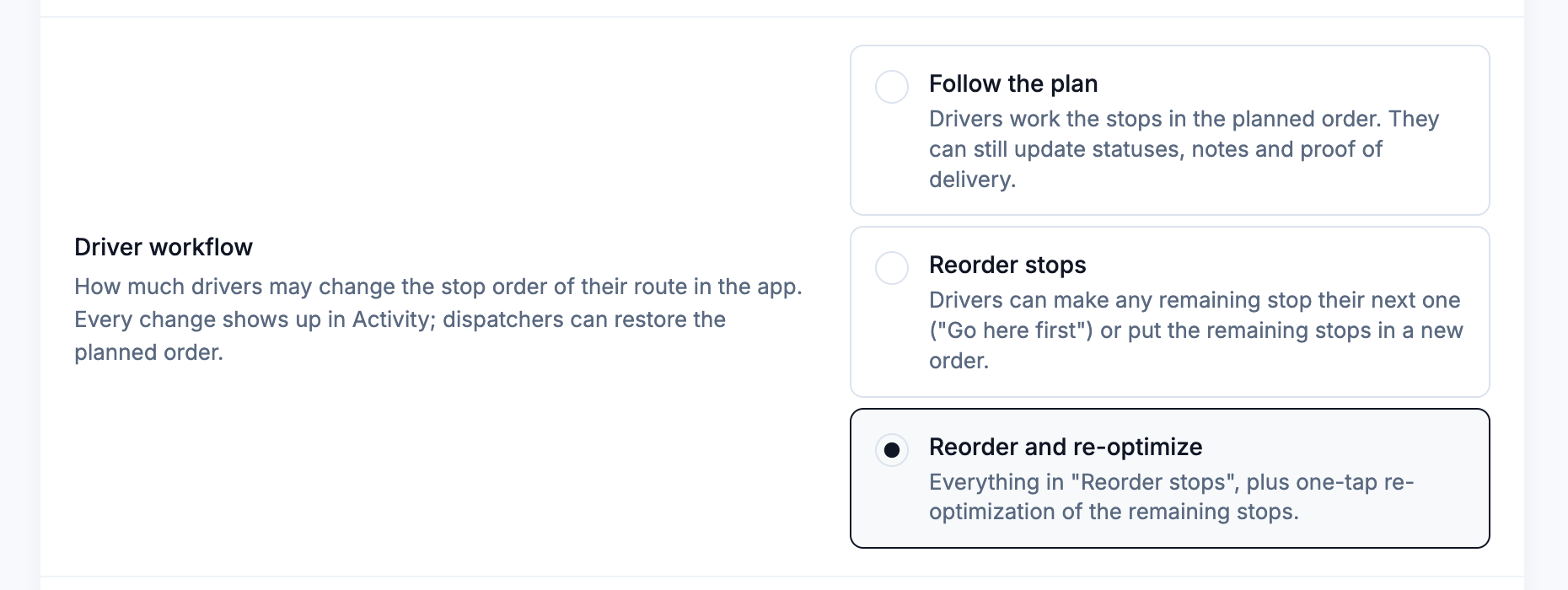 The Driver workflow setting with its three levels