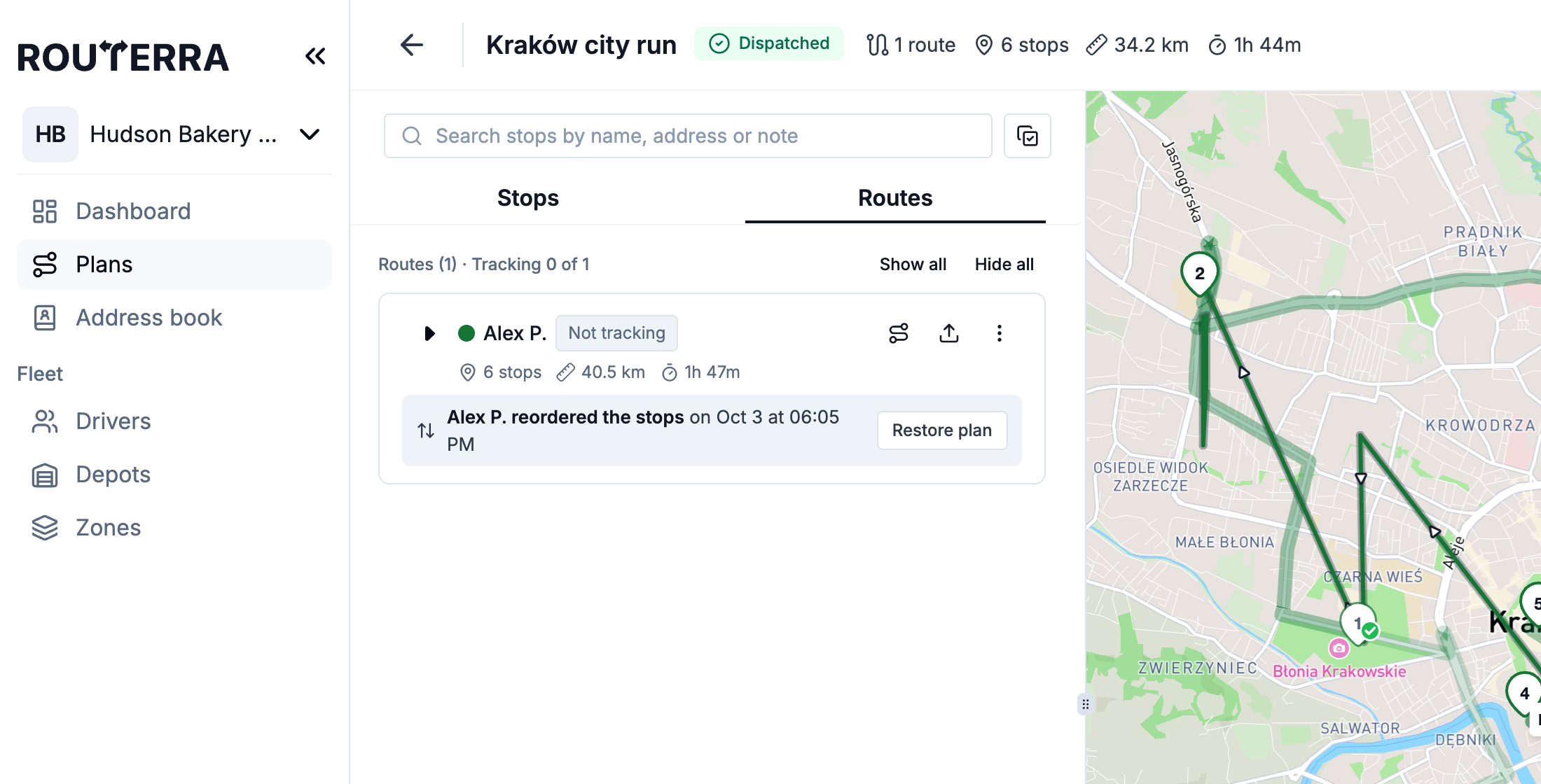 A route row with the reordered-by-driver strip and the Restore plan button
