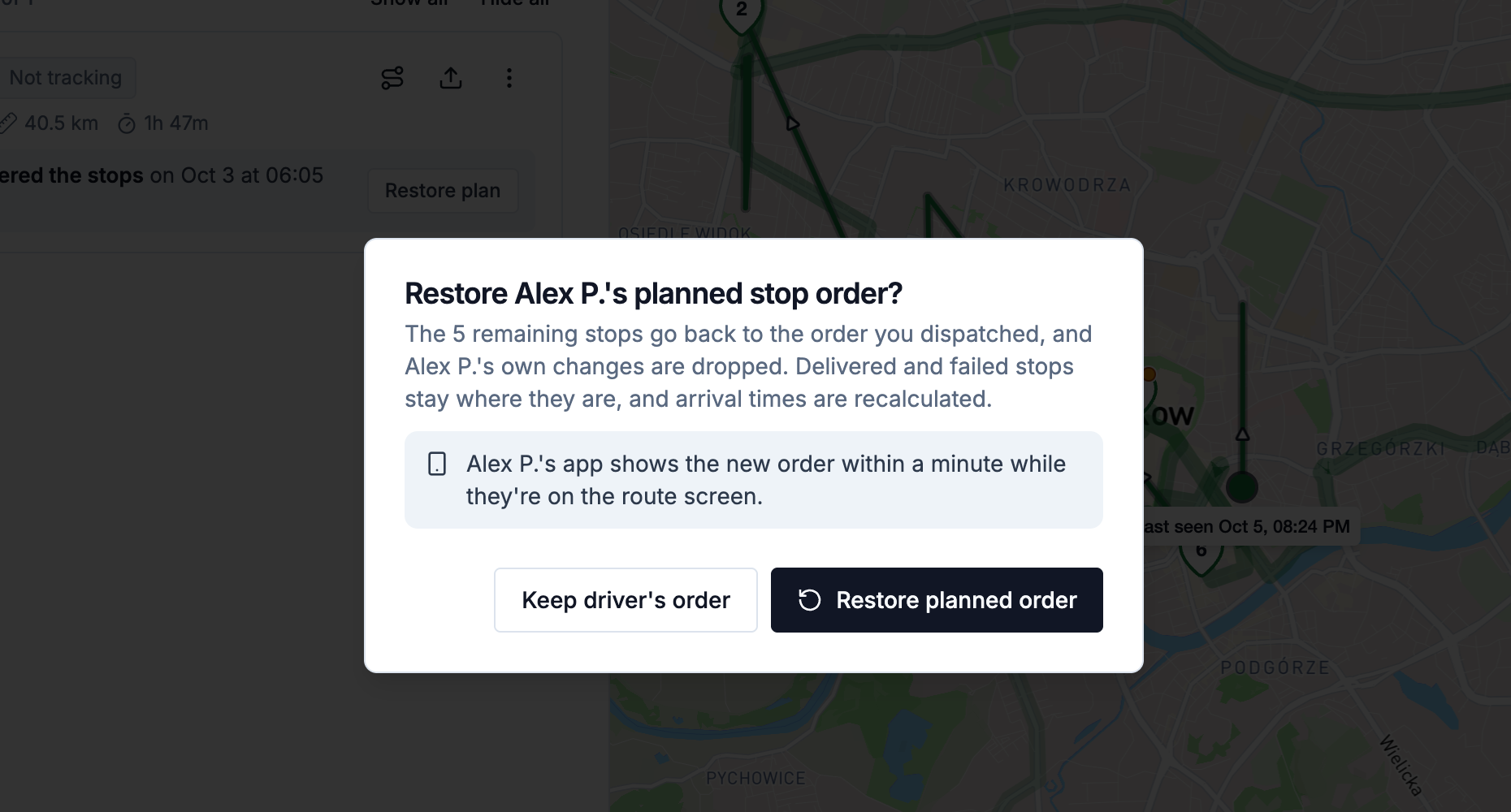 The Restore planned stop order dialog