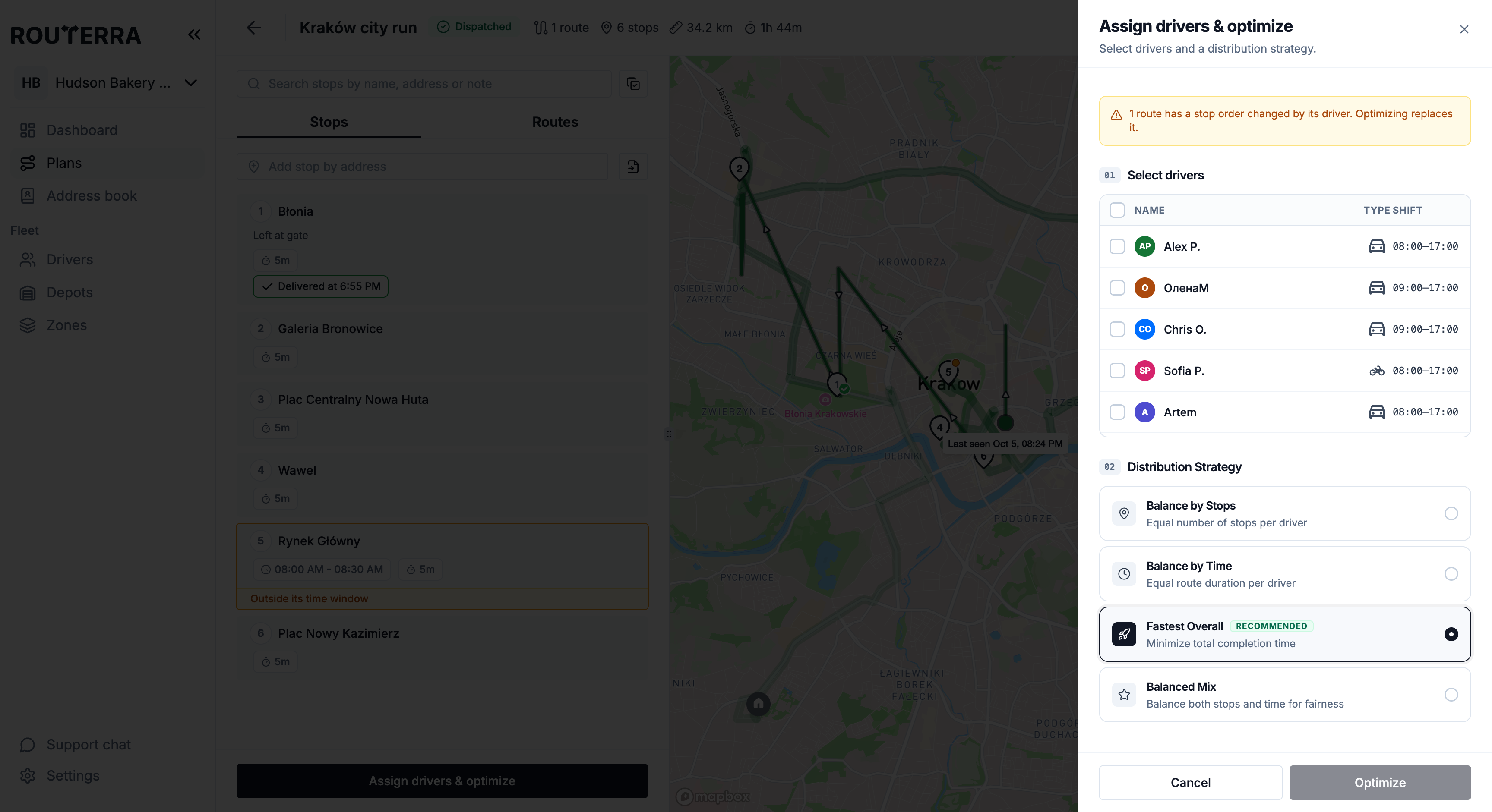 The Optimize Delivery Plan sheet with the warning about routes reordered by drivers