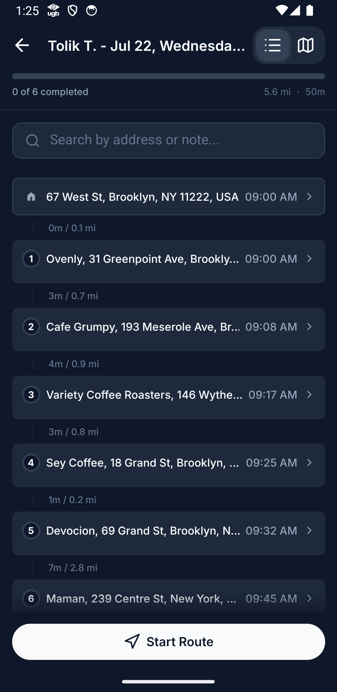 Route overview — stops in order with ETAs and the Start Route button