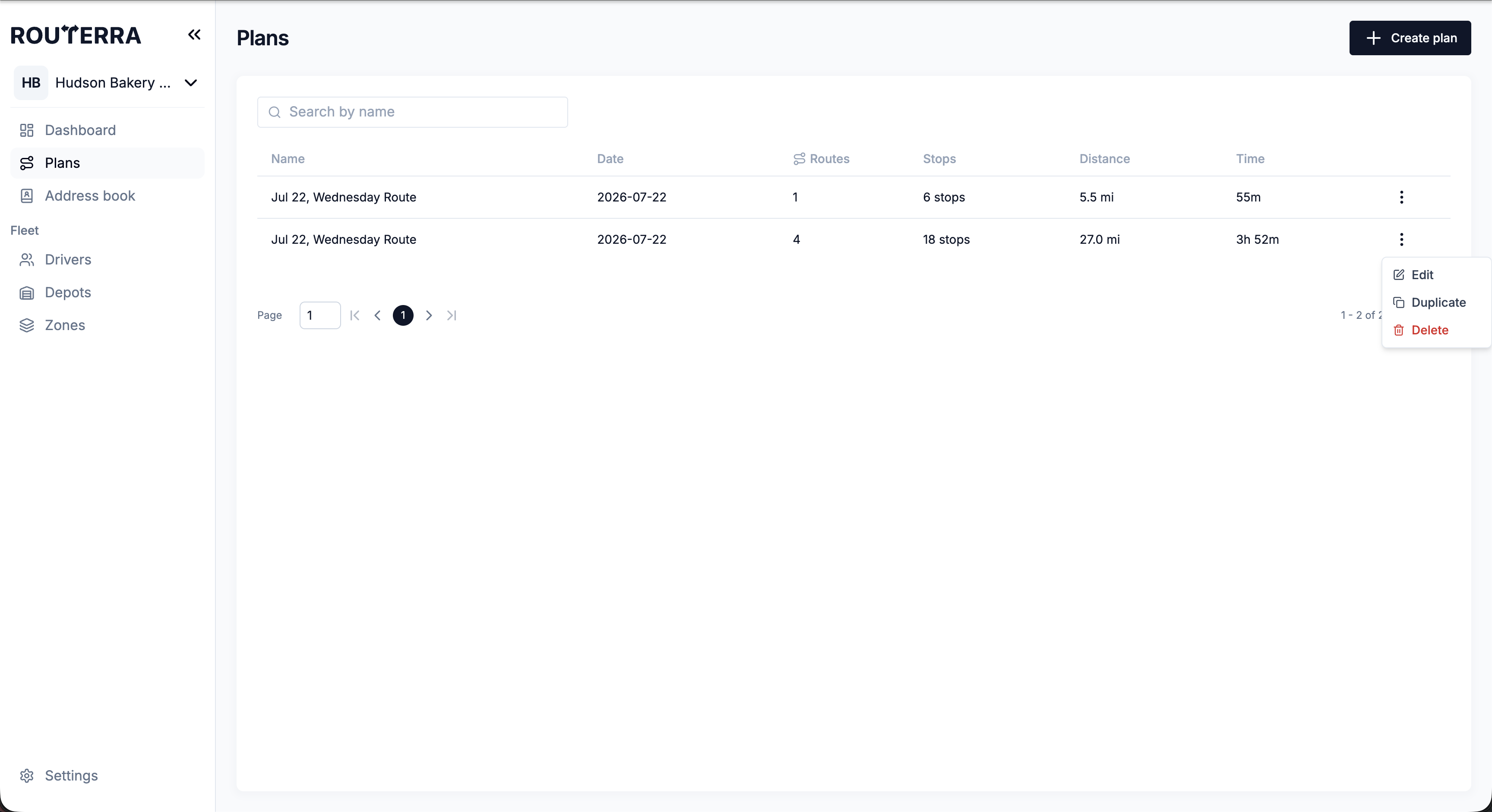 The plans list with a row menu open showing the Duplicate action