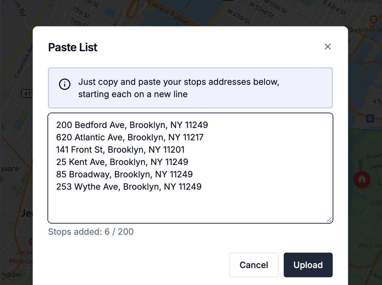 The Paste List dialog with a few addresses pasted in