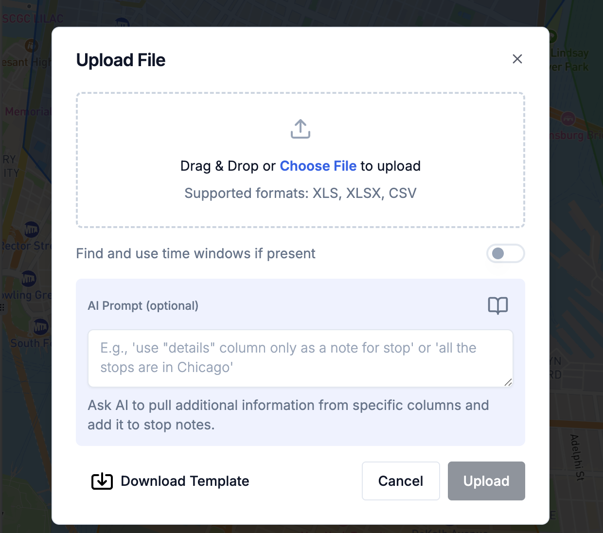 Upload File dialog with the template link and AI prompt field