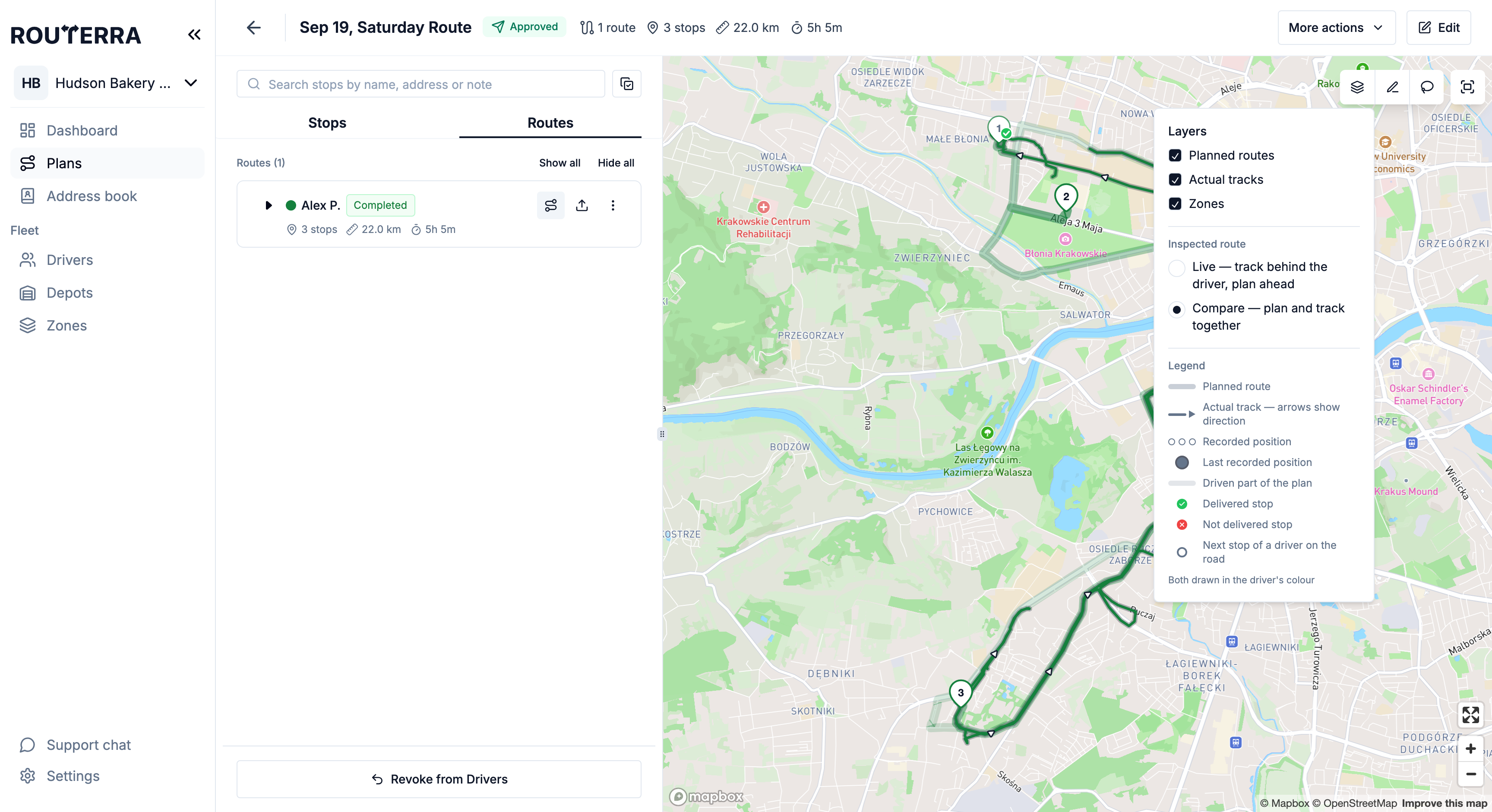 The Layers menu with Planned routes, Actual tracks, Zones, the Live and Compare views, and the legend