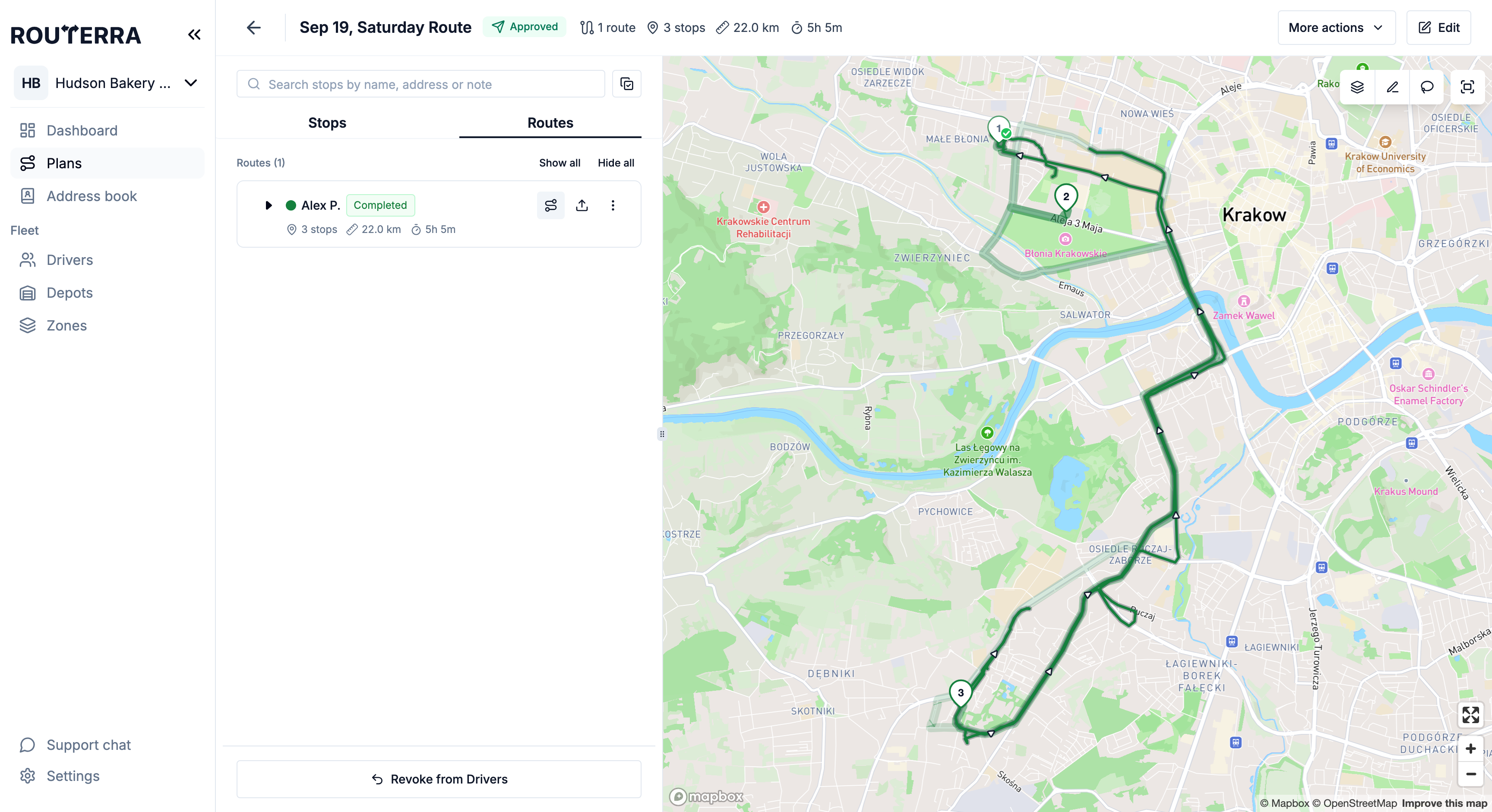A finished route in Compare view: the planned route band under the recorded track