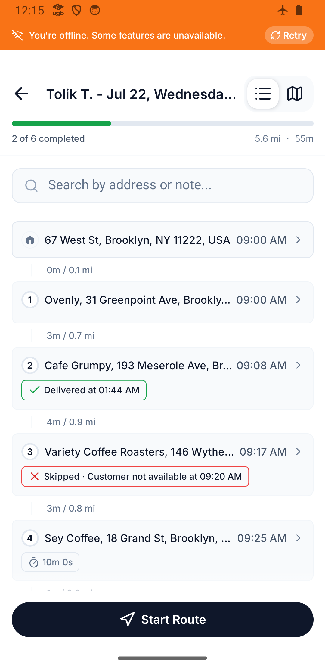 The driver app offline banner over an active route