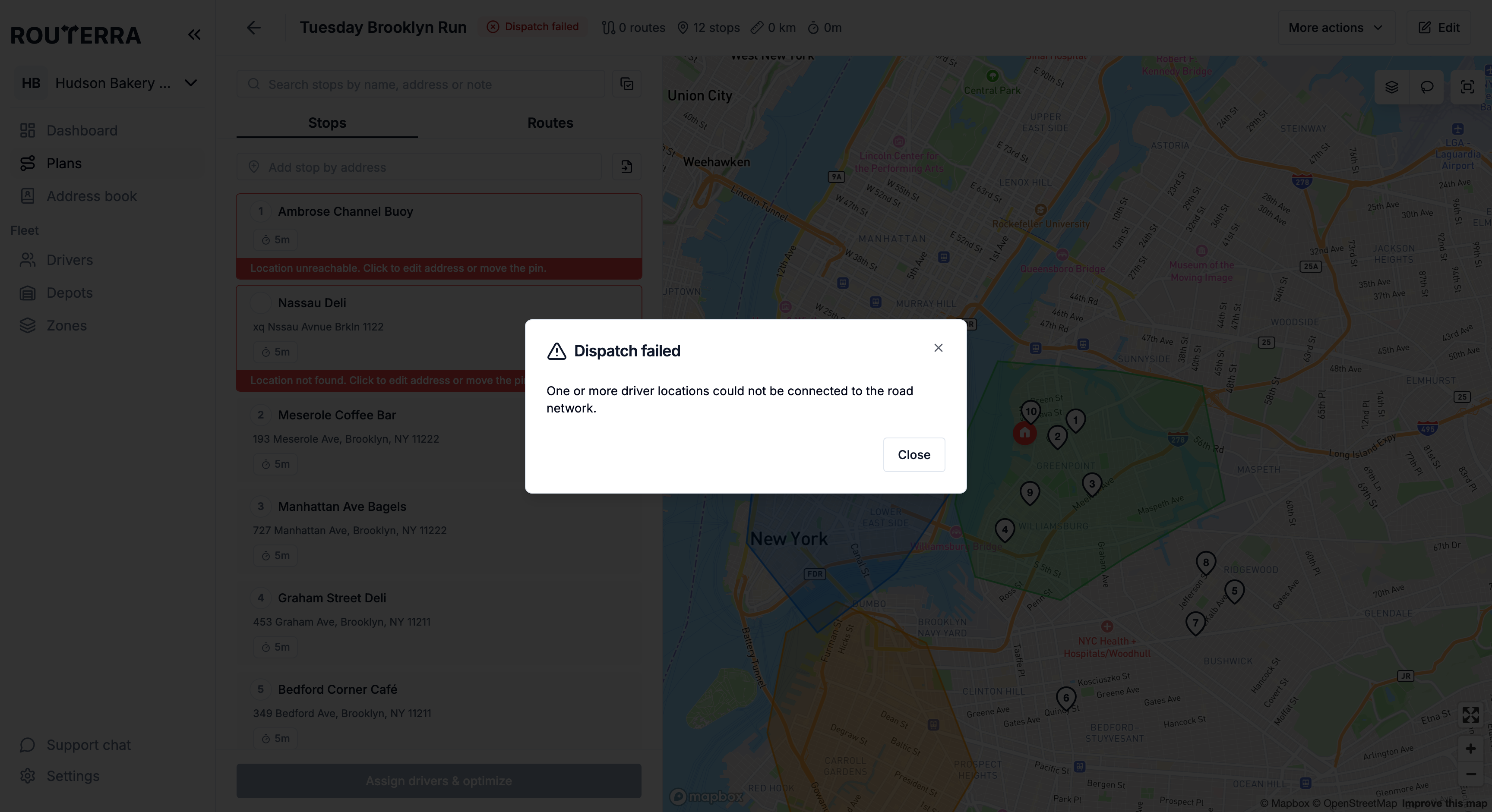 The Dispatch failed dialog saying a driver location could not be connected to the road network