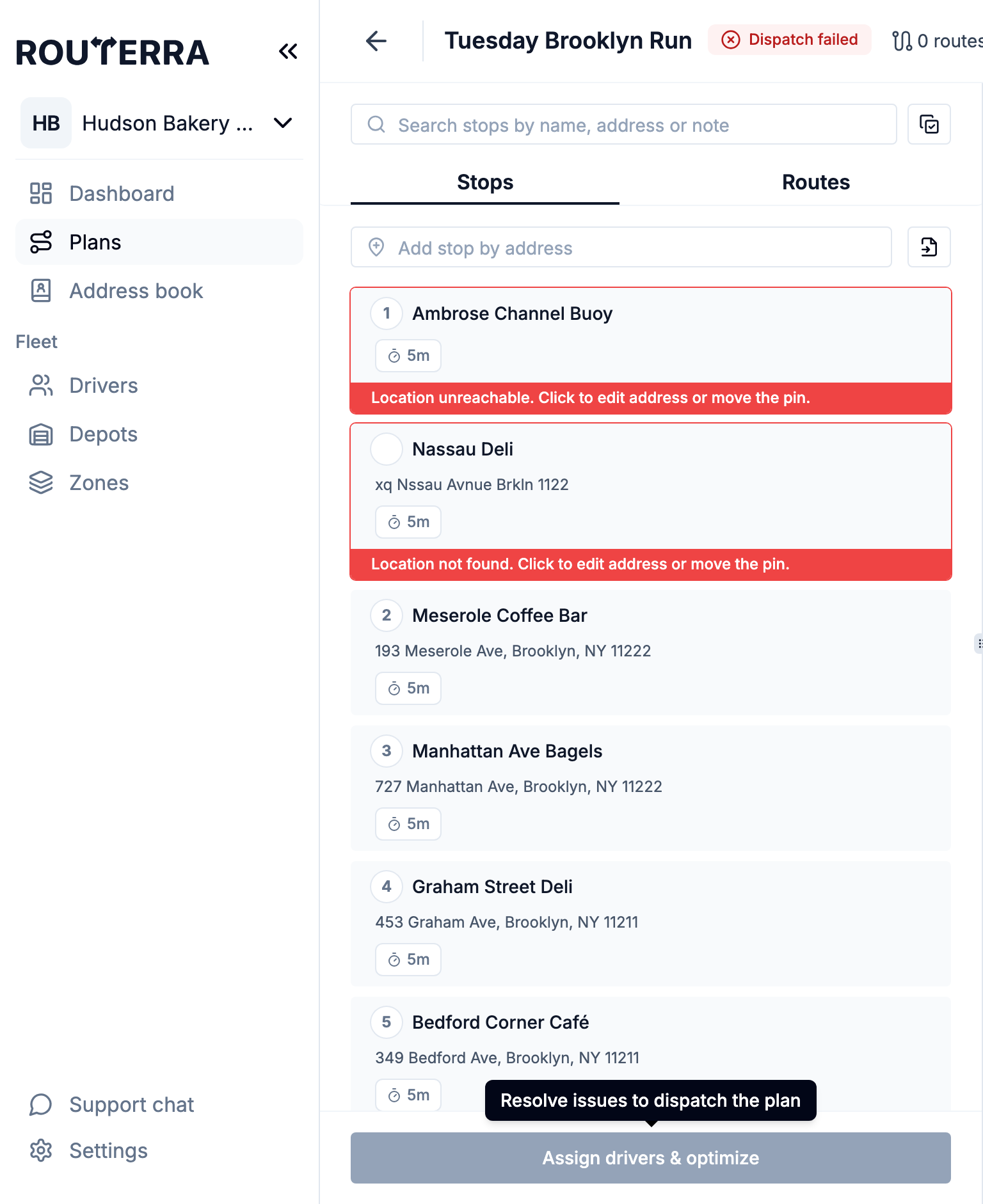 A stop with Location not found and the greyed-out Assign drivers & optimize button