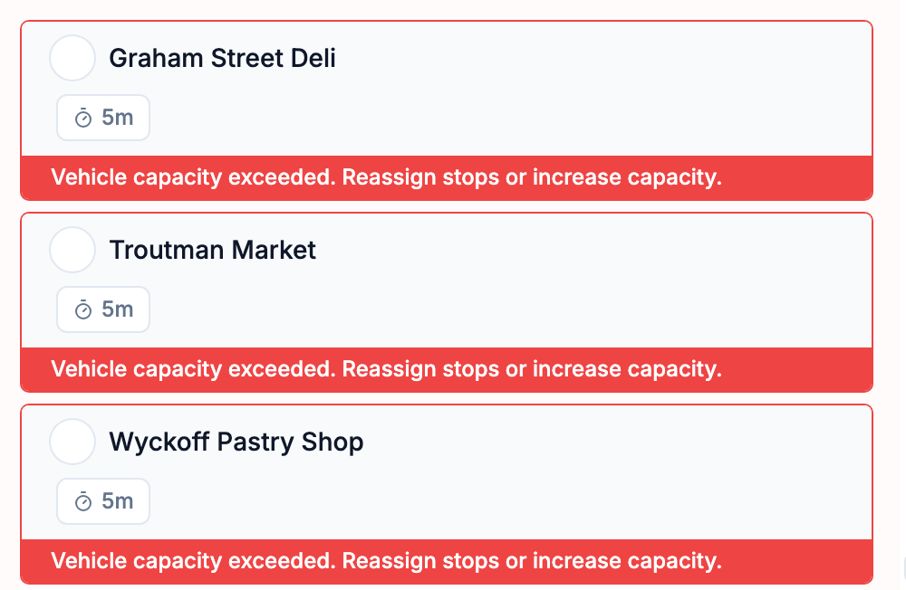 Unassigned stops with the reason Vehicle capacity exceeded on each row