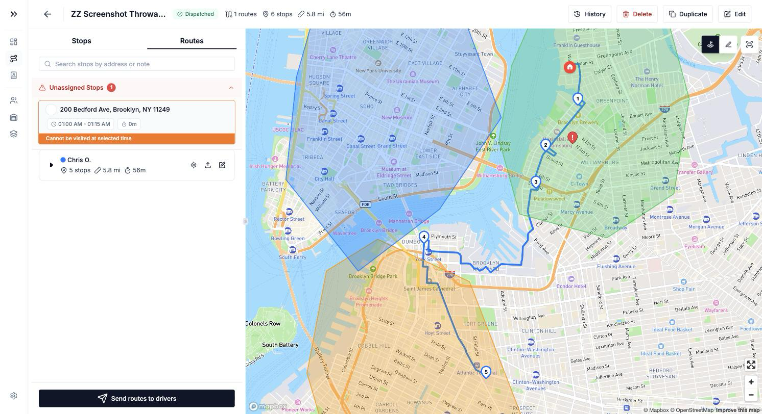 Routes tab with per-driver routes and an unassigned stops group