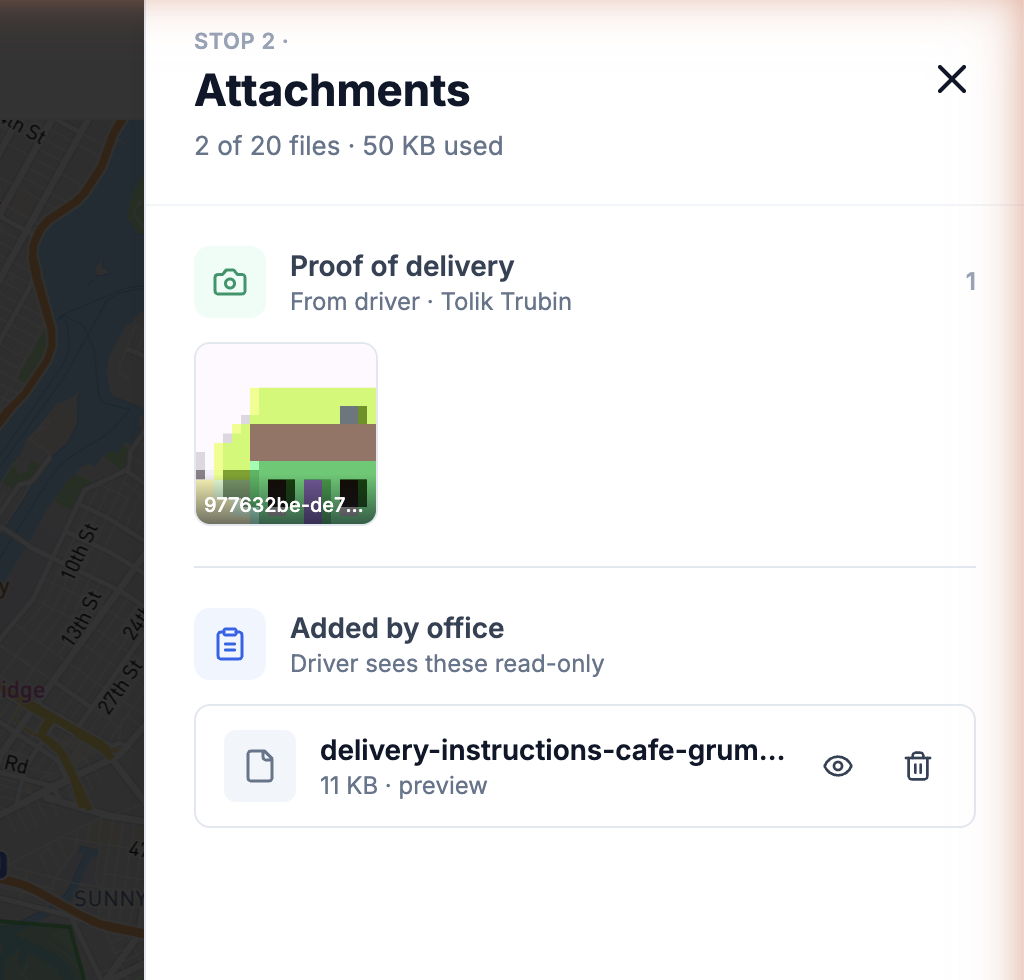 Stop attachments panel with proof-of-delivery photos from the driver