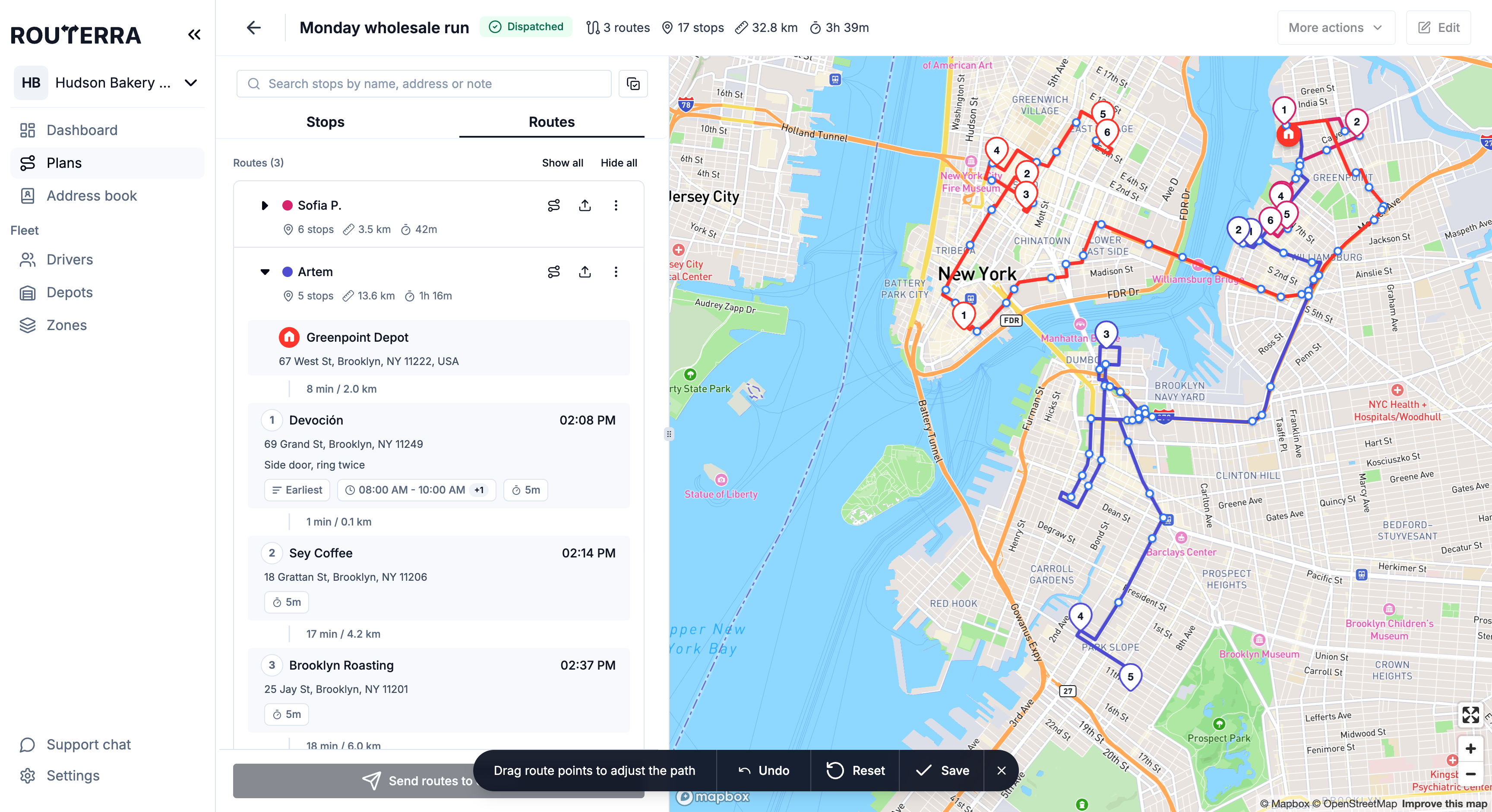 A route in Refine mode with draggable points and the adjust-path toolbar