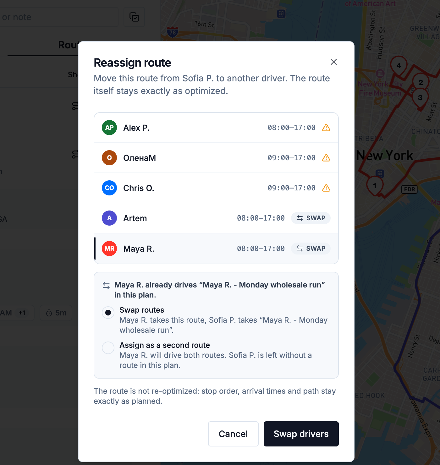 The Reassign route dialog with the Swap routes and Assign as a second route options