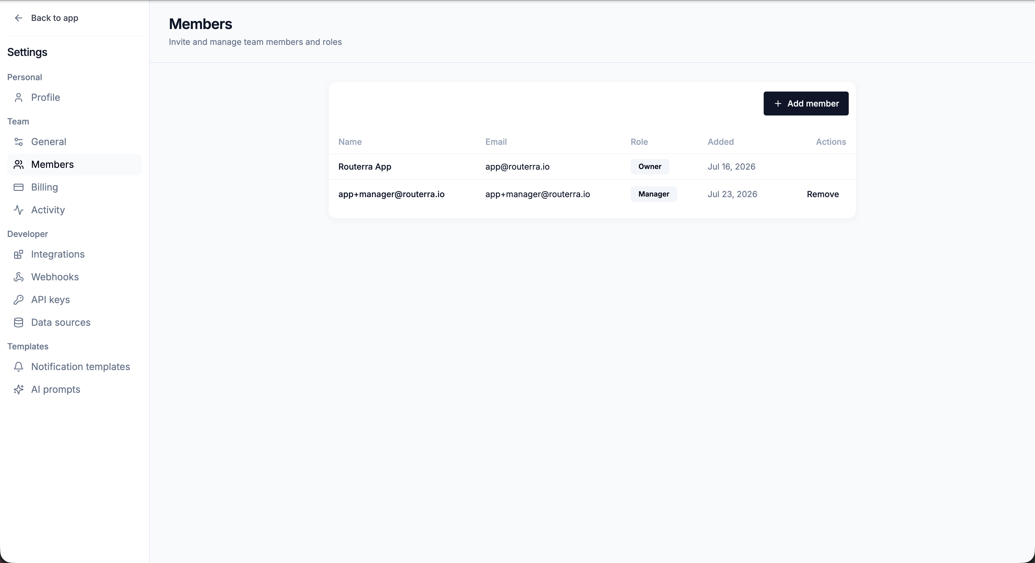 Settings → Members with an Owner and a Manager listed and the Add member button