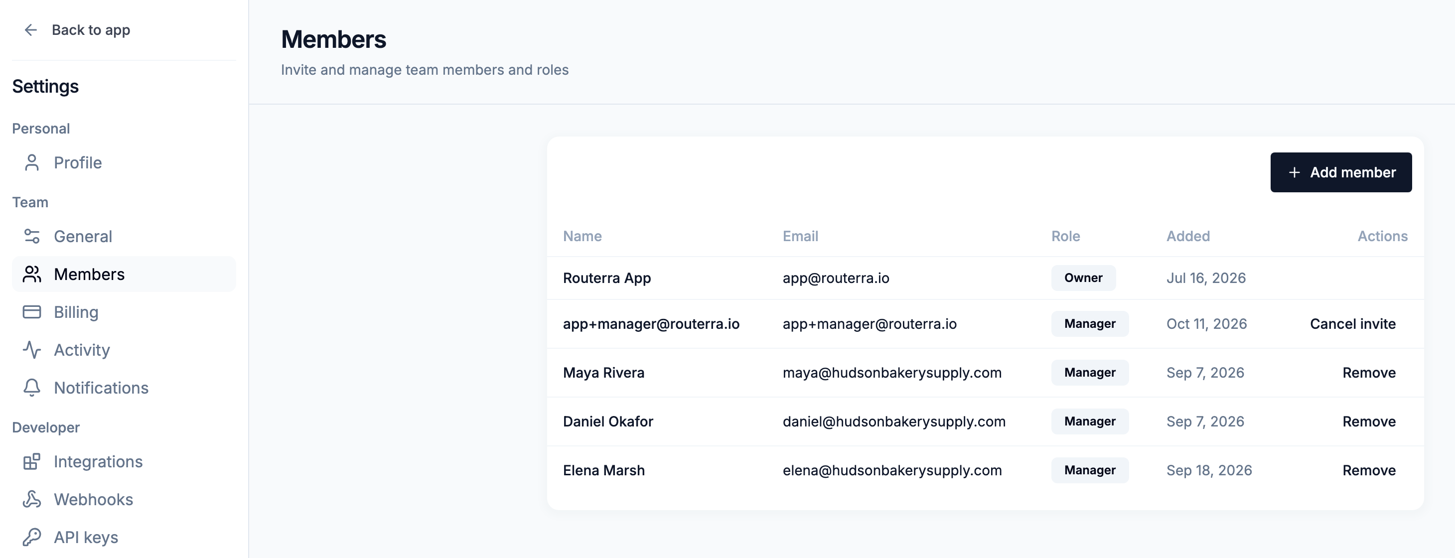 Settings → Members with the Owner, Managers, and a pending invite showing Cancel invite