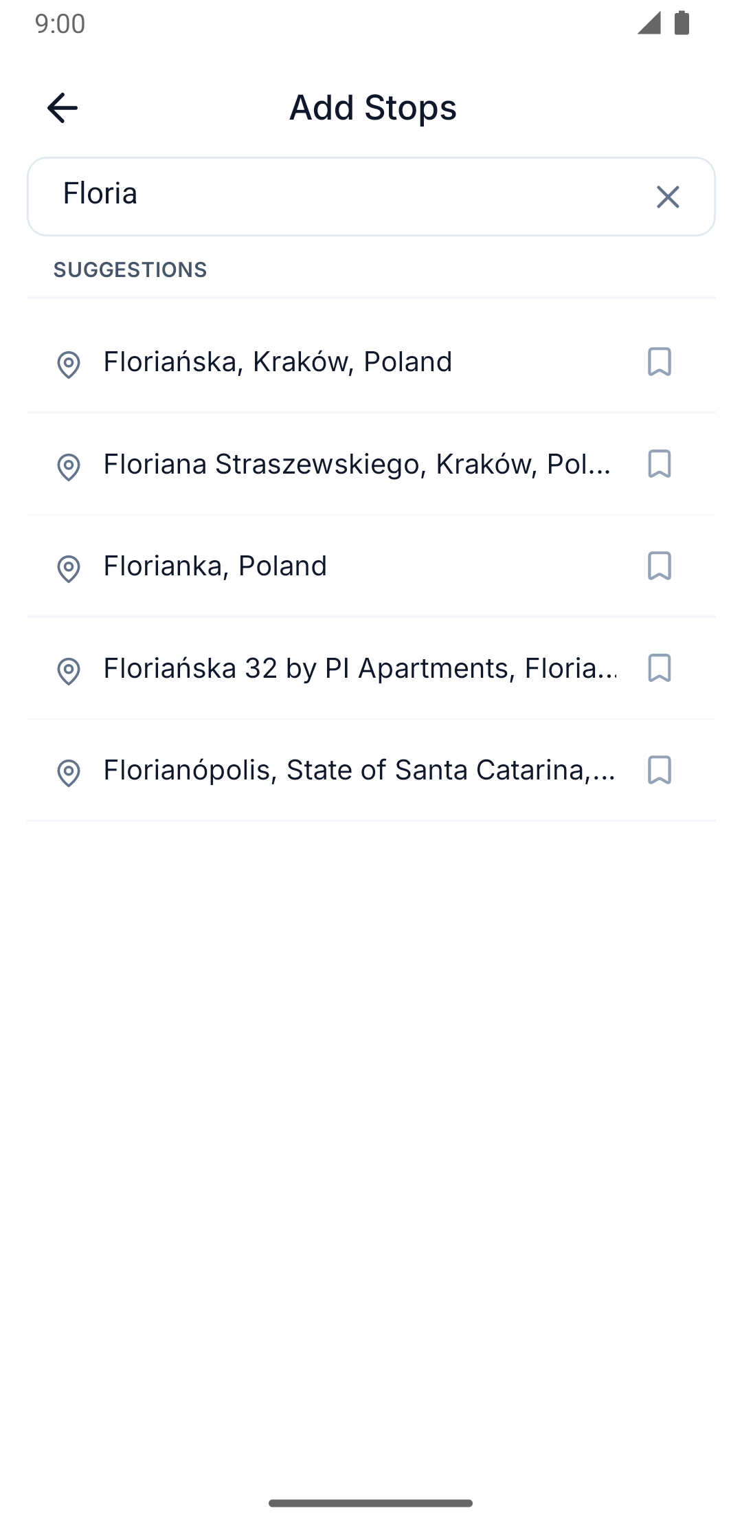 Add Stops screen with search and predictions
