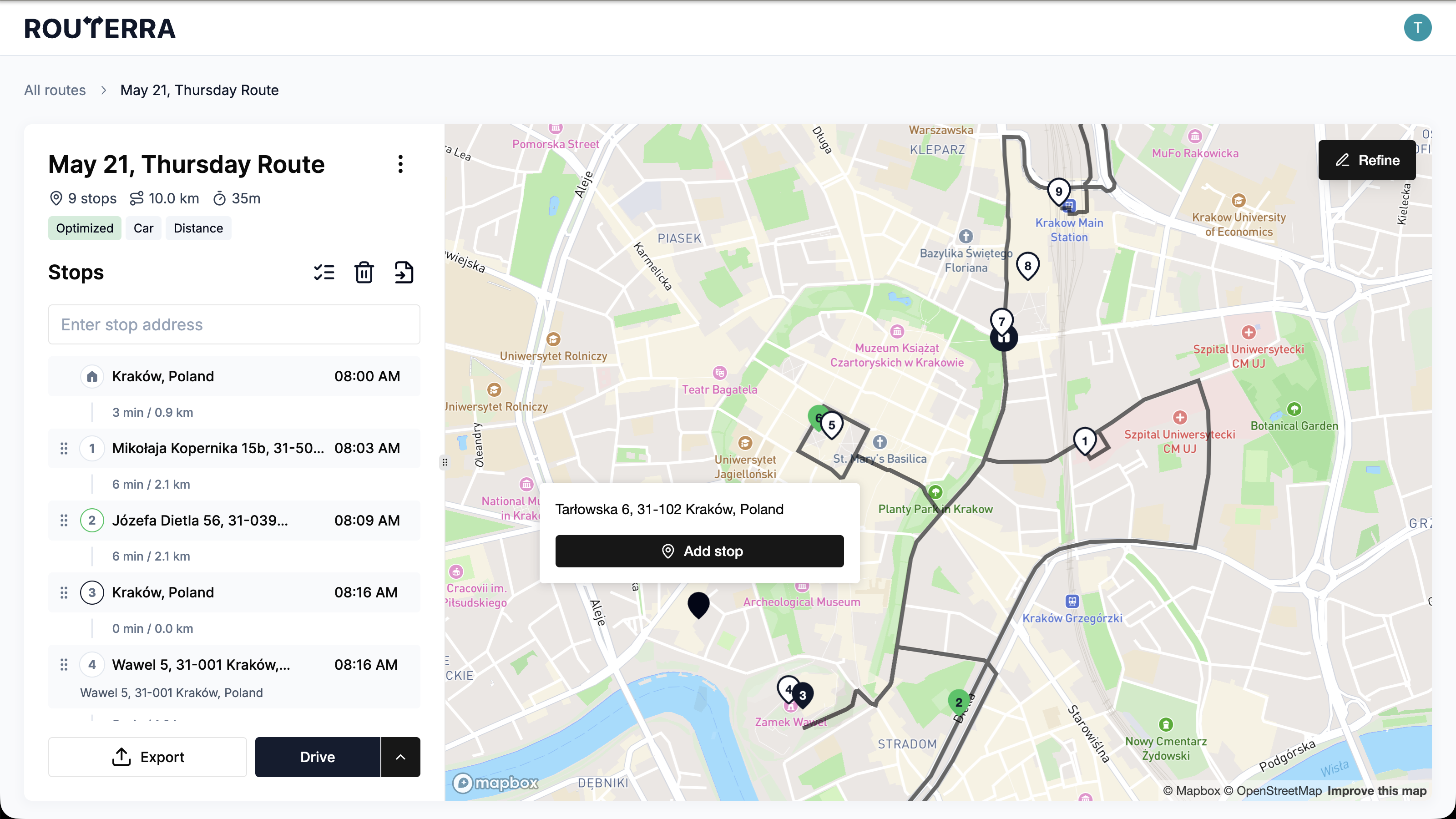 Web map click-to-add-stop popup