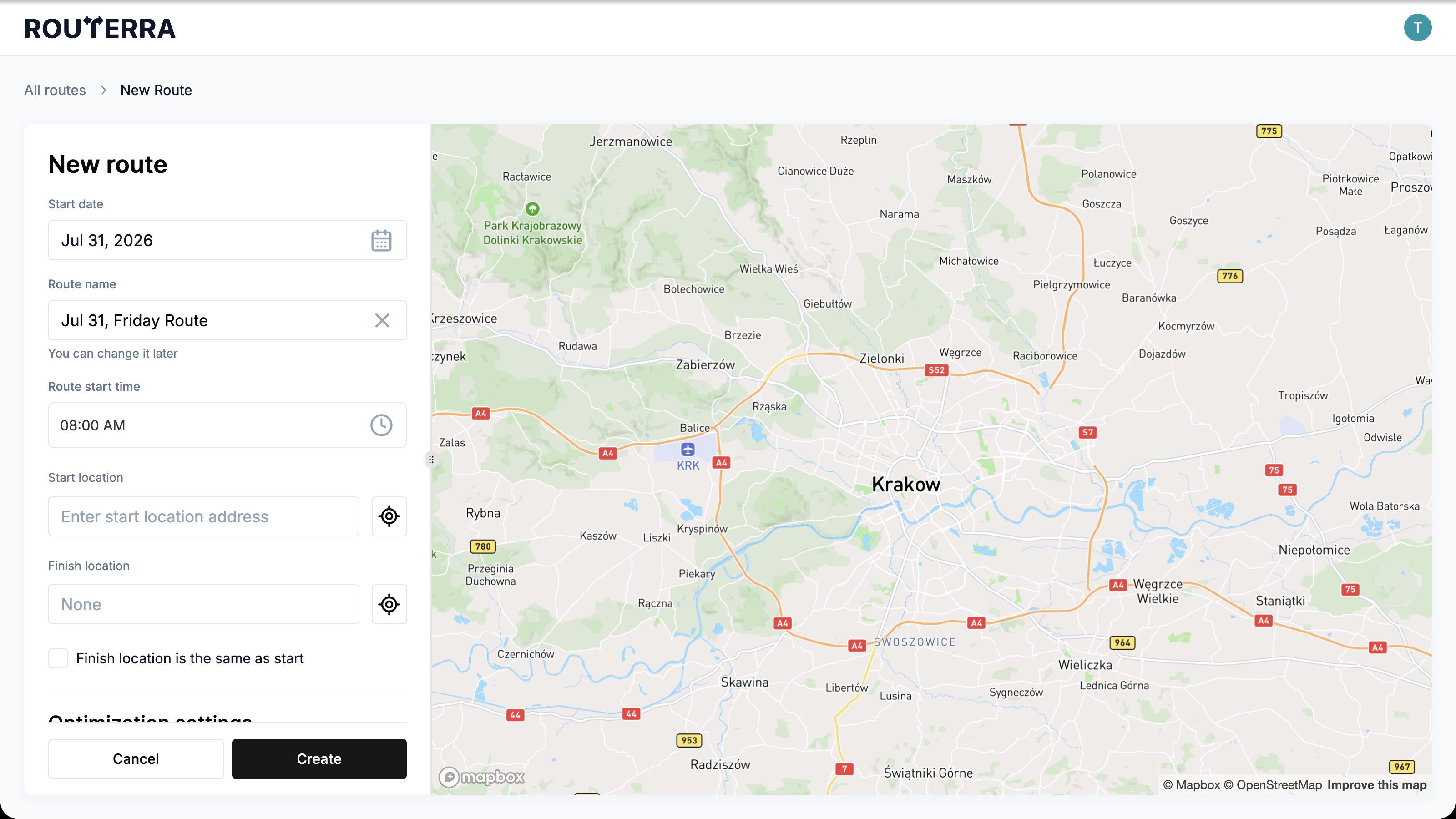 Web route creation form
