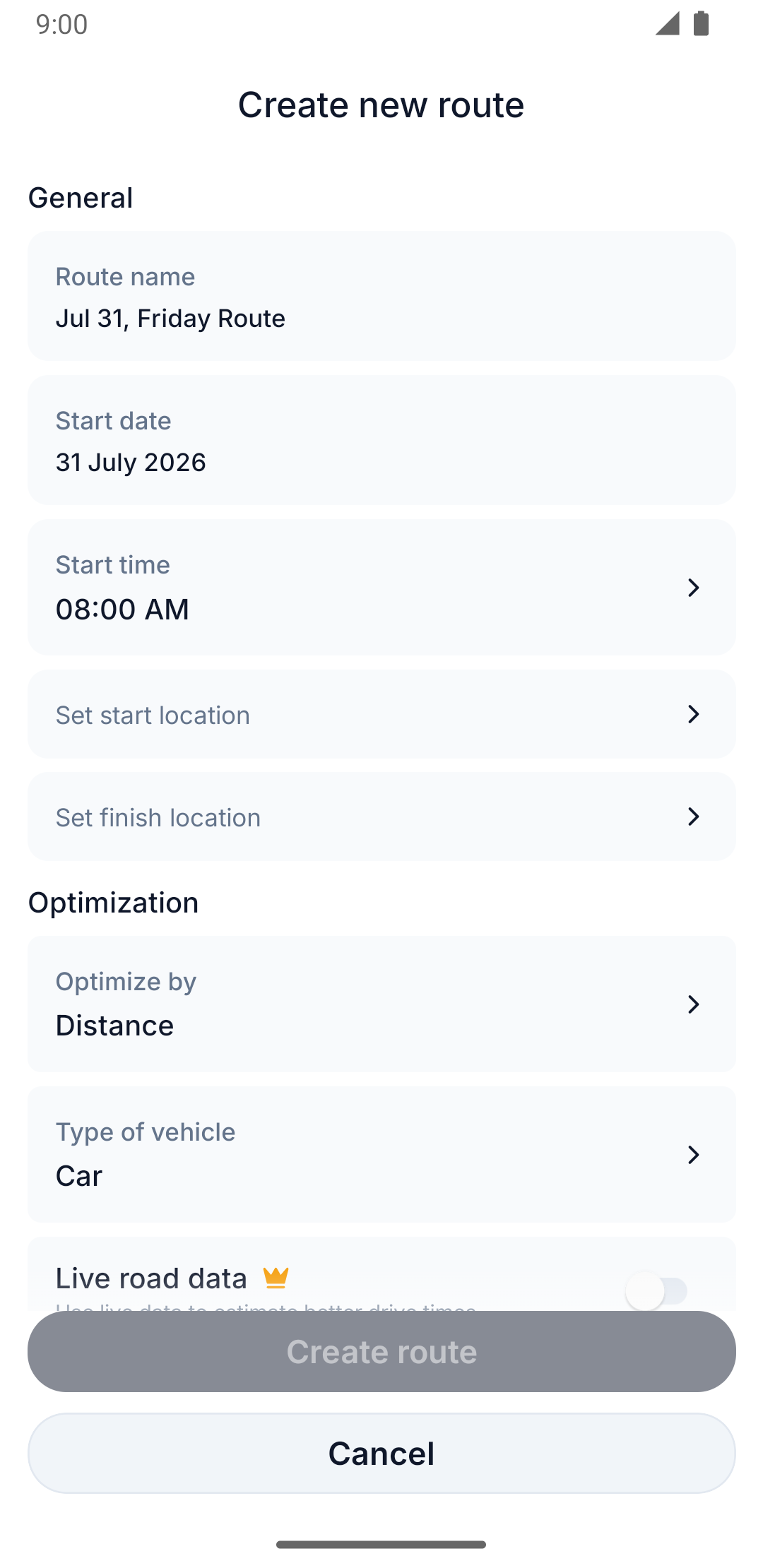 Route creation screen in the app