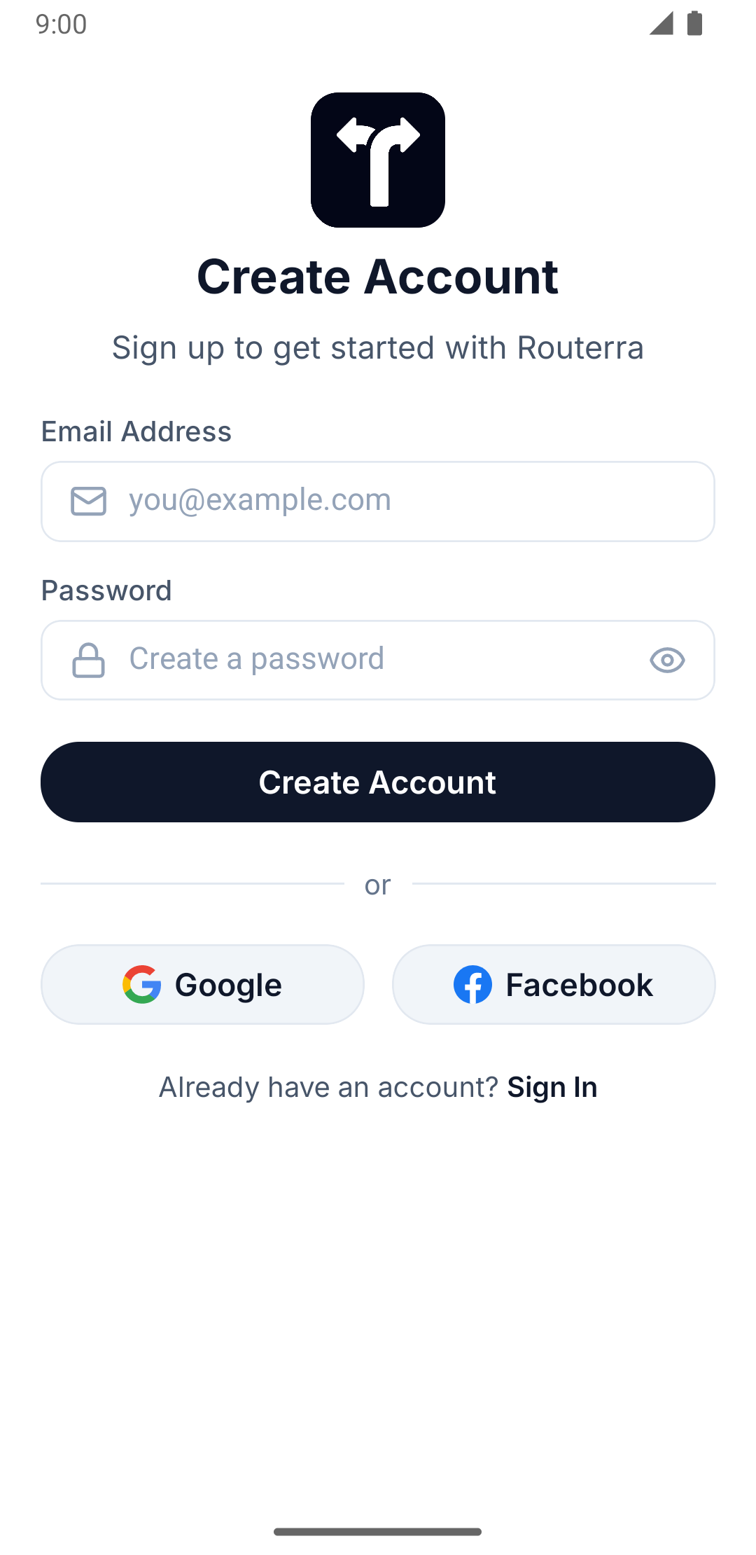 Mobile Create Account screen