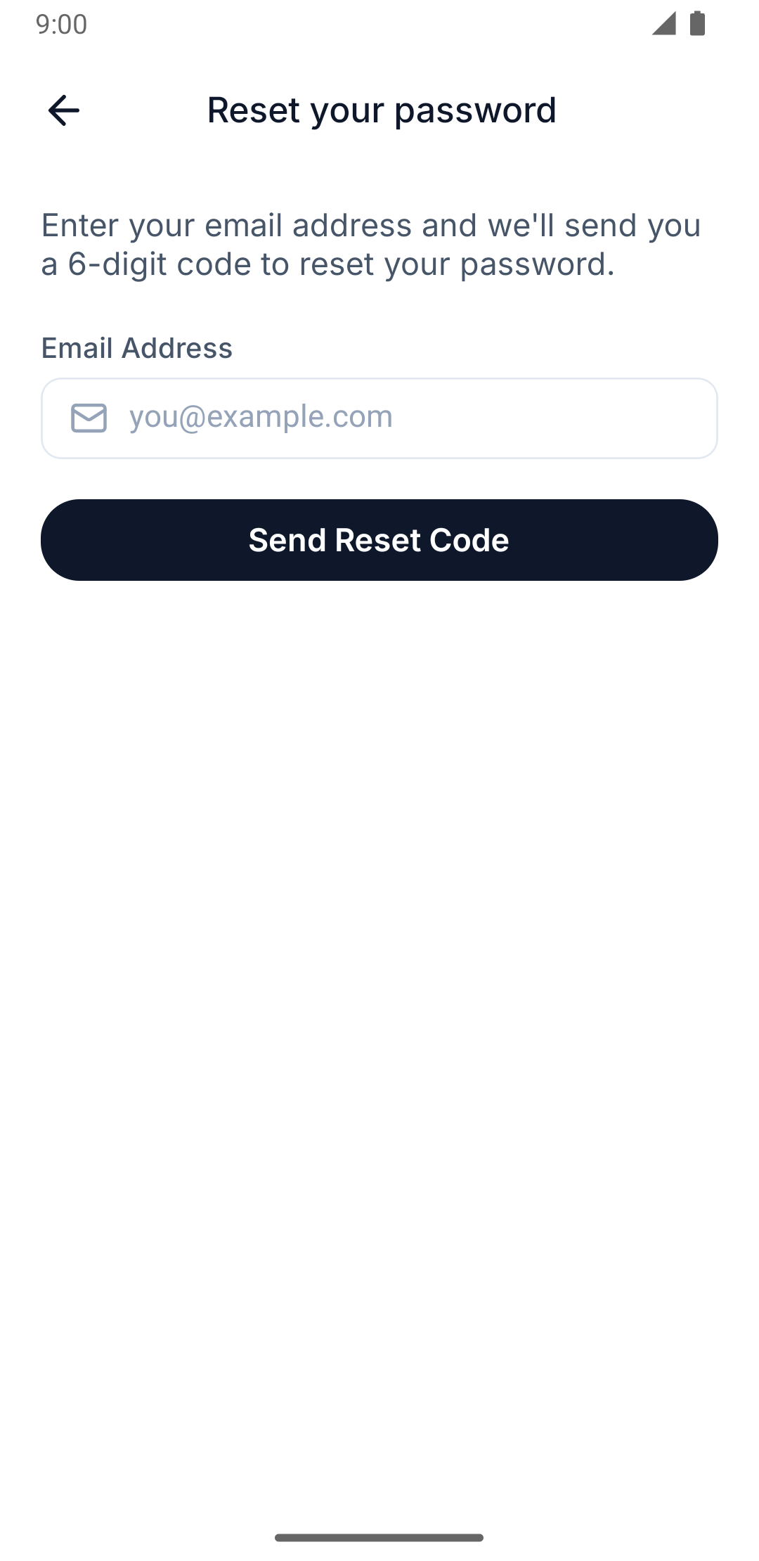 Reset your password screen, where you request the 6-digit code
