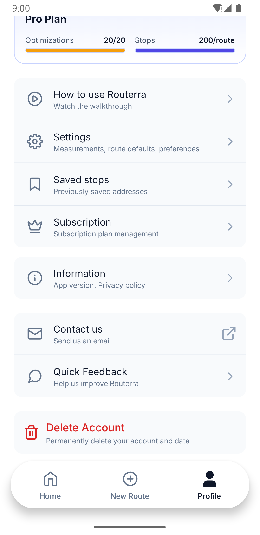 The Delete Account row in the phone app's Profile