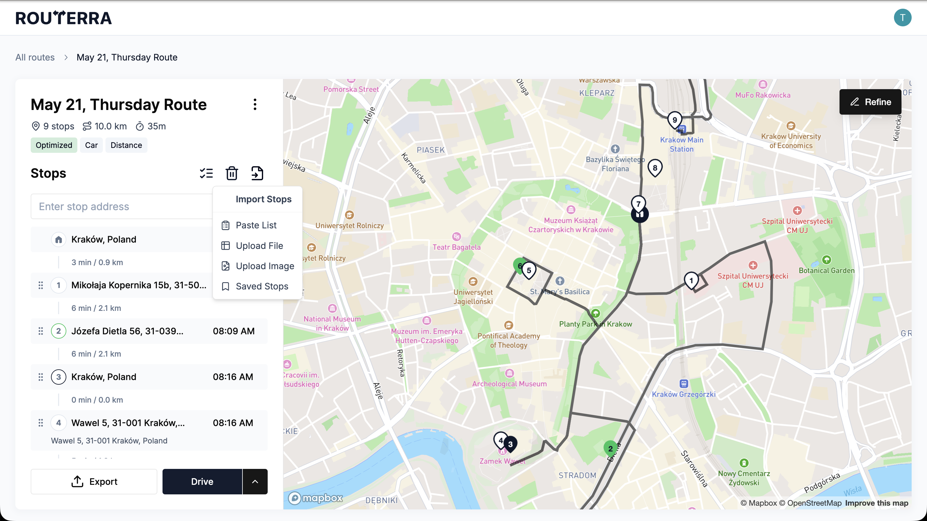 Web import menu with the three import methods and Saved Stops