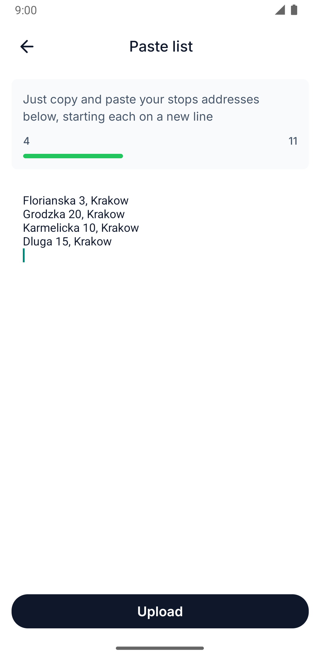 Paste-list screen with the address counter