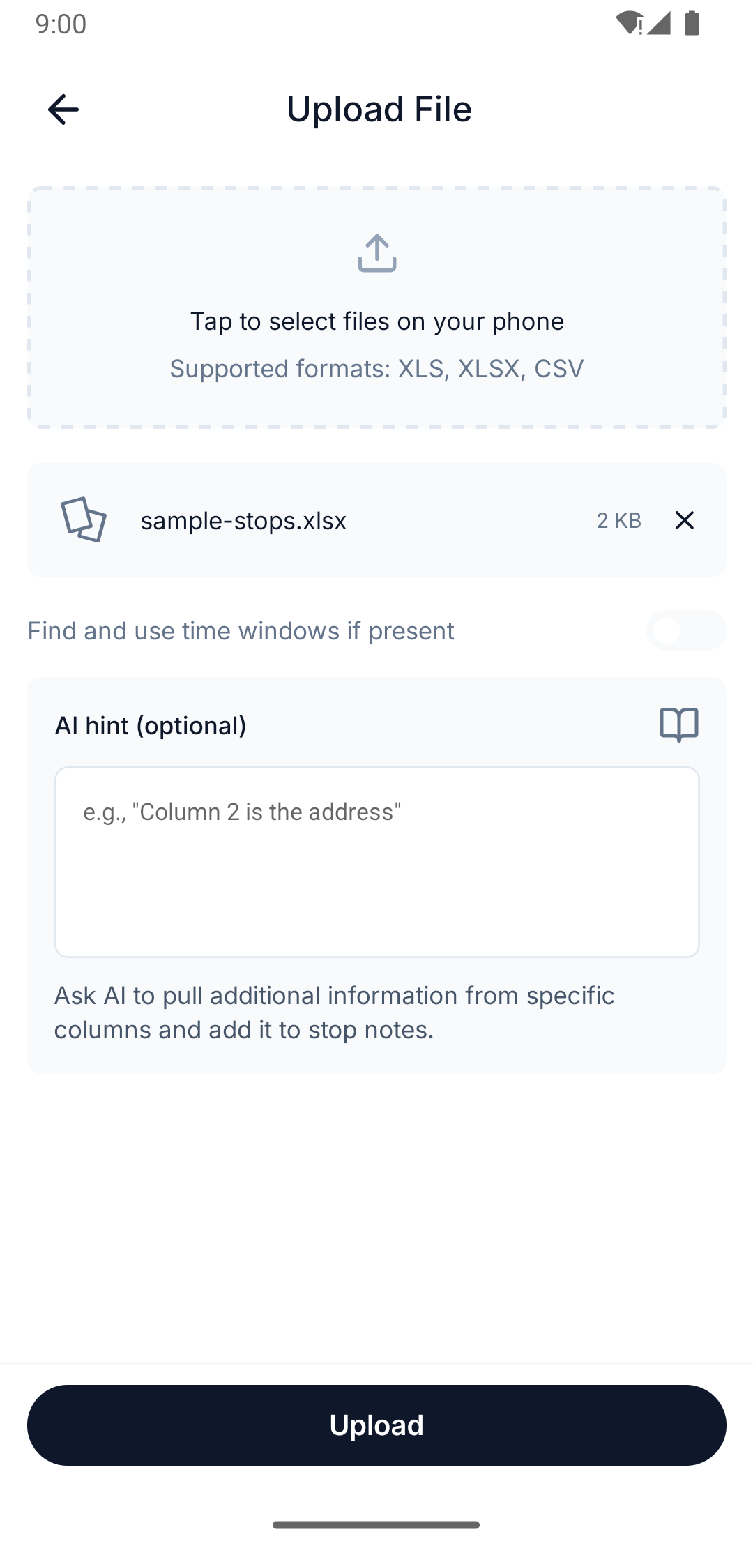File-upload screen with a selected spreadsheet, the parse-time-window toggle, and the AI hint field