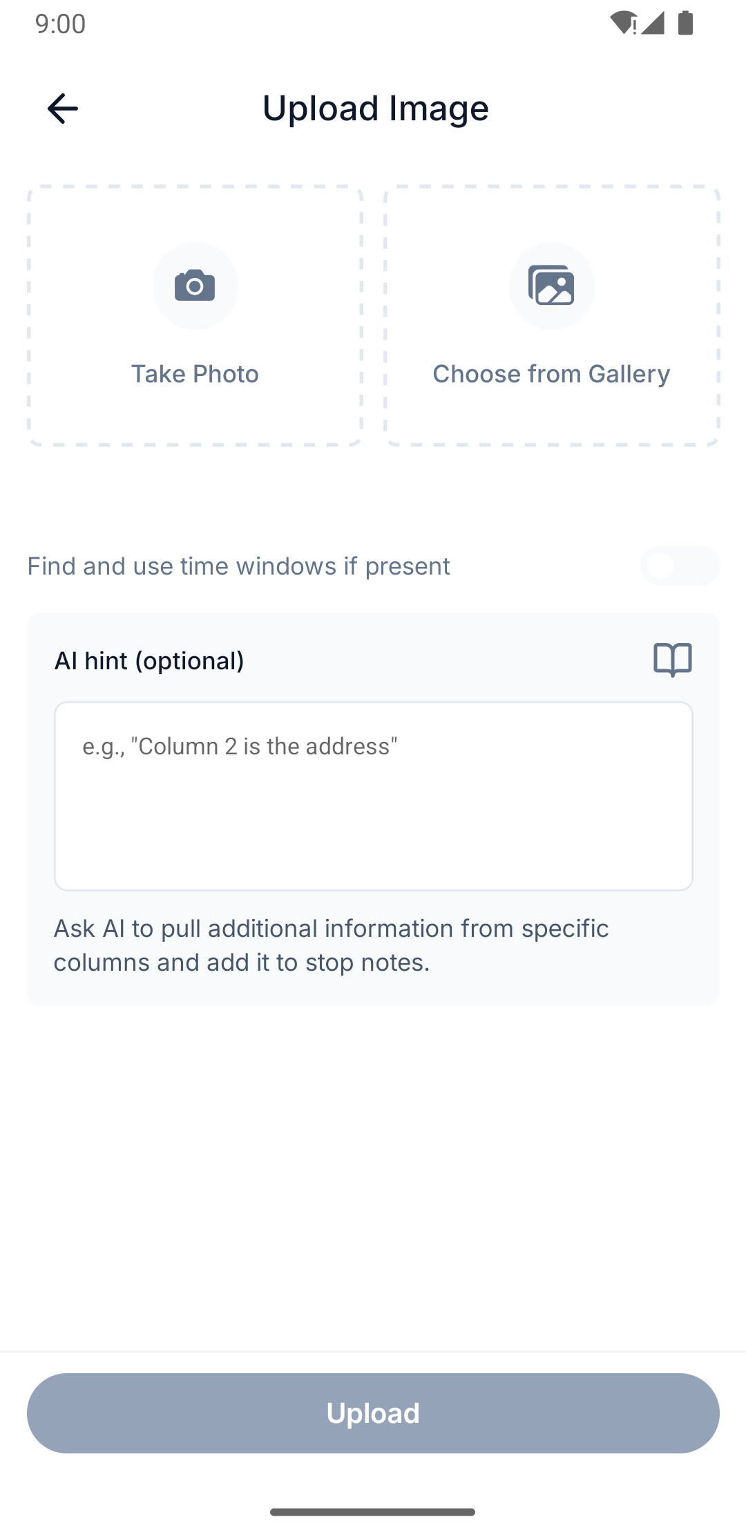 Photo-import screen with capture options and the parse-time-window toggle