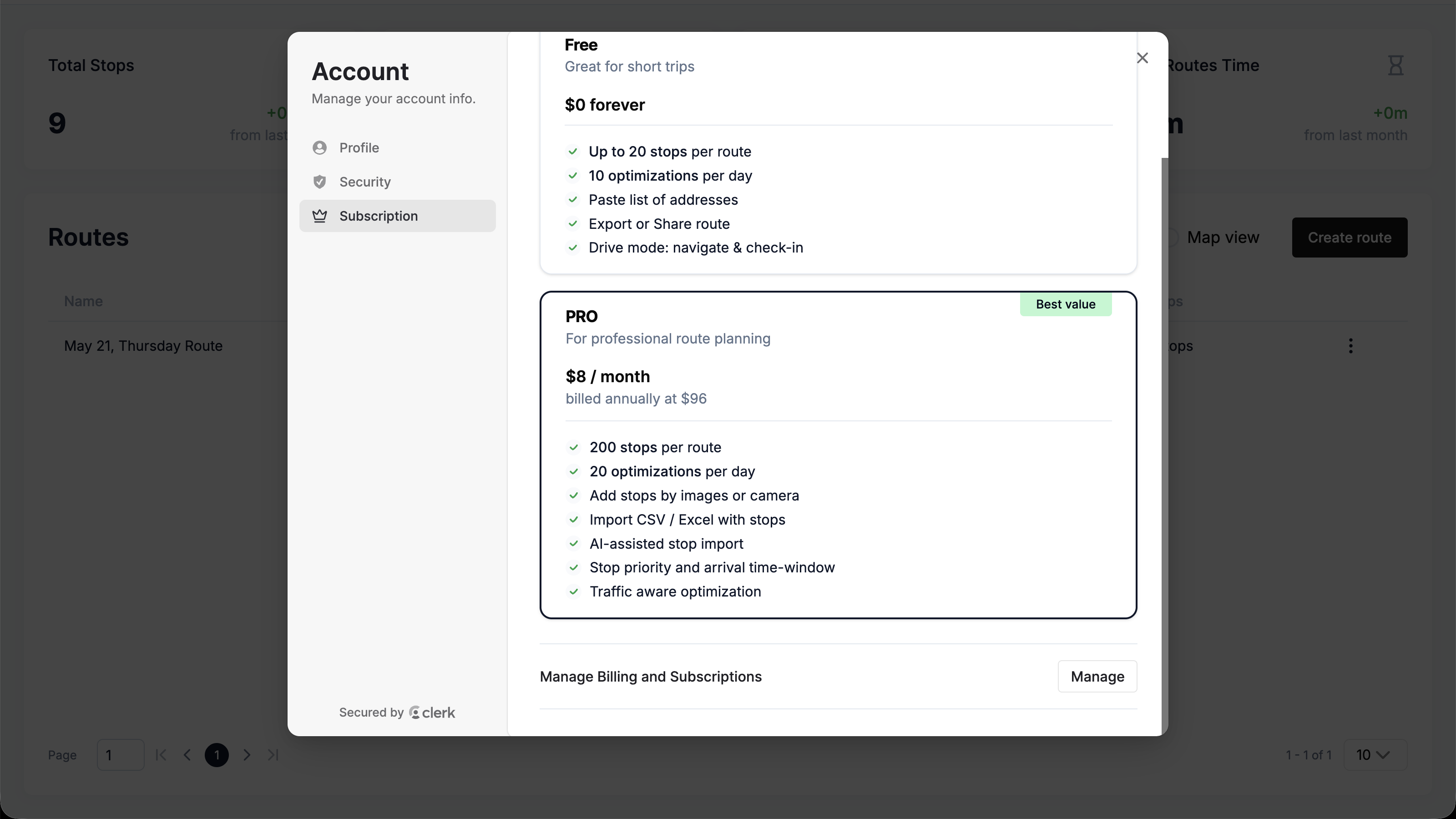 Web account menu Subscription tab with the Manage button