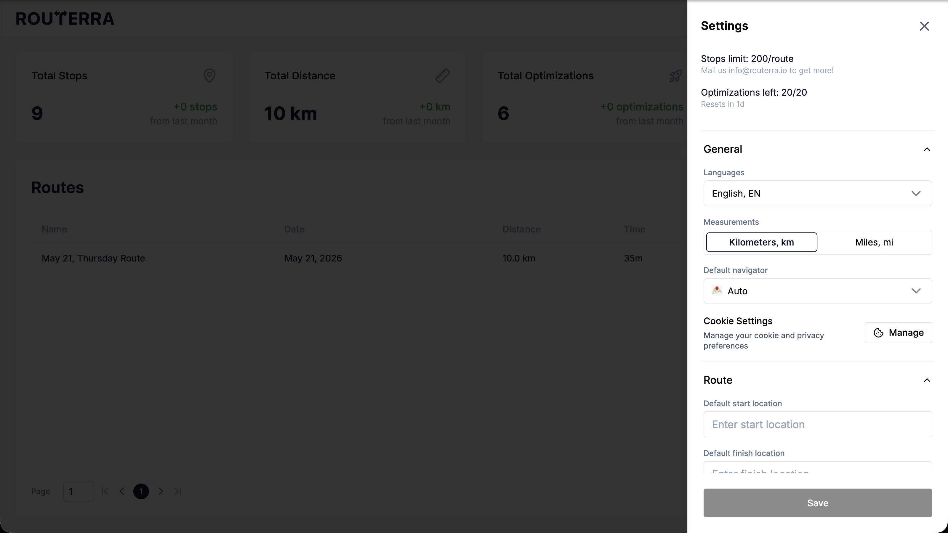 Web Settings panel with the Stops limit, Optimizations left, and Resets in countdown